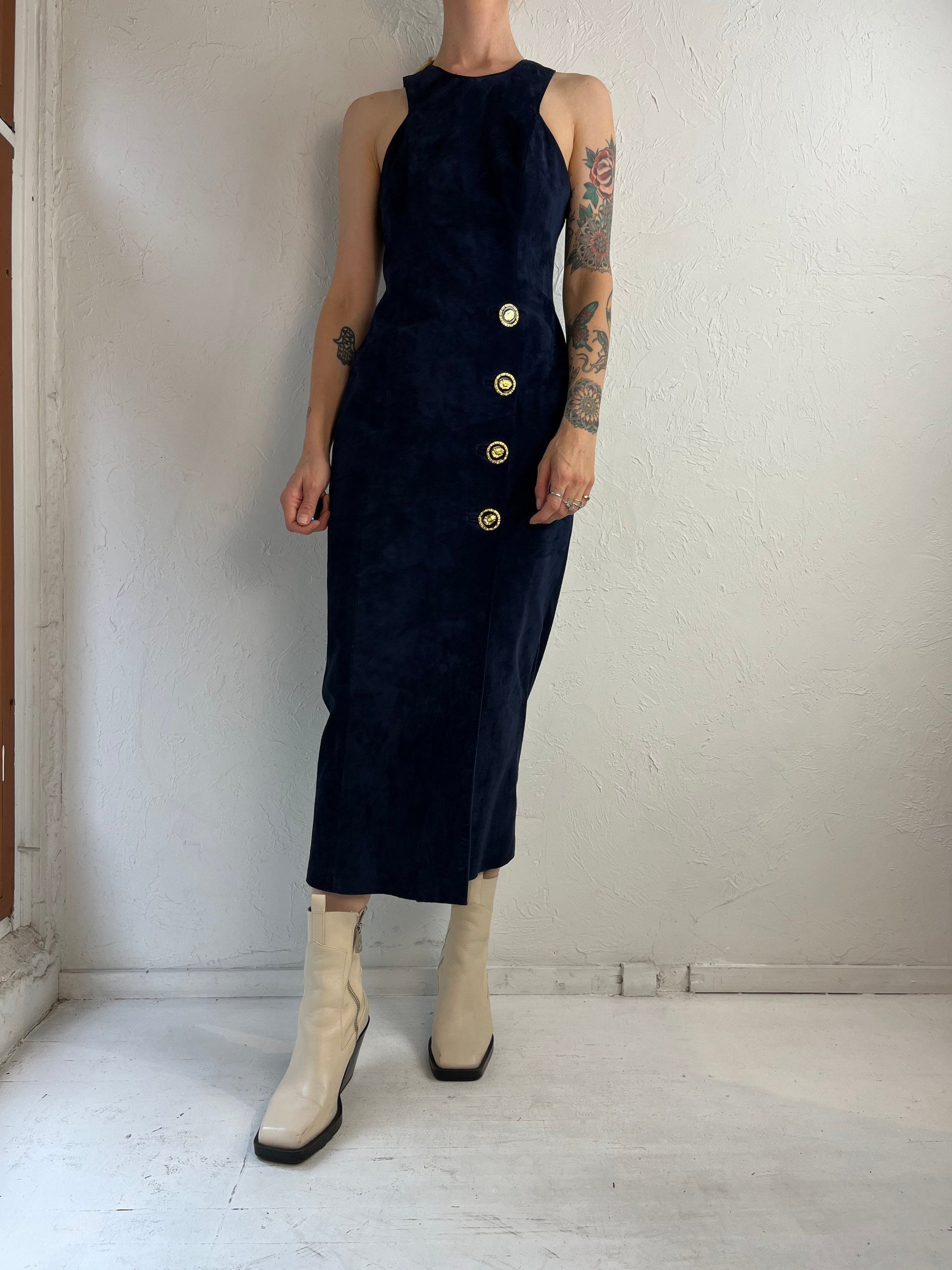 90s 'Danier' Navy Blue Suede Leather Form Fitting Dress / XS Wildhoneygoods 90s 'Danier' Navy Blue Suede Leather Form Fitting Dress / XS Wildhoneygoods