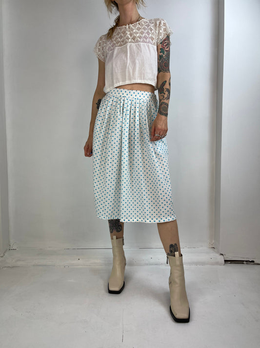 80s 'Style de Paris' Blue Polka Dot White Pleated Skirt / Small