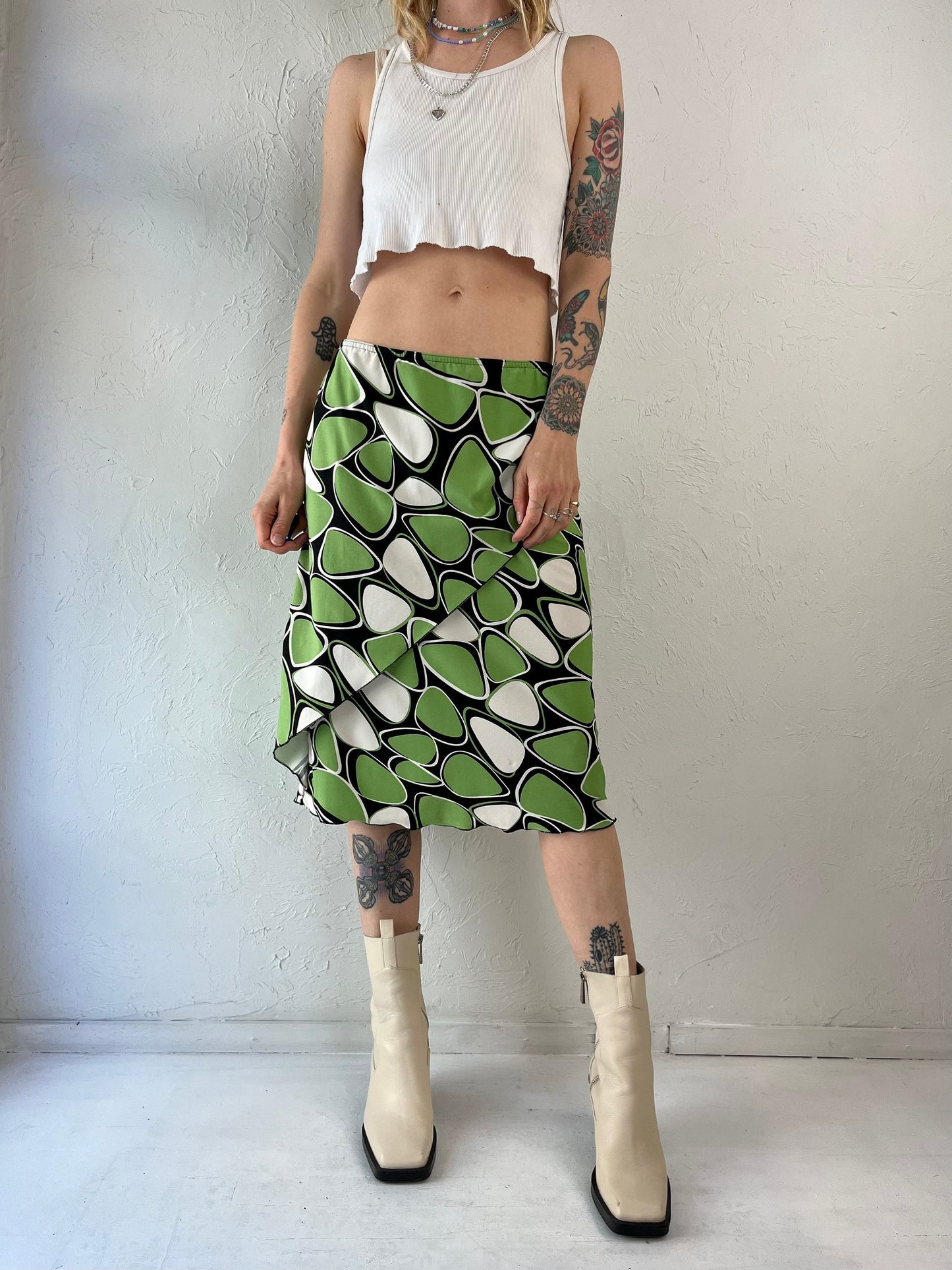 Y2k Abstract Green Patterned Tulip Midi Skirt / Size M