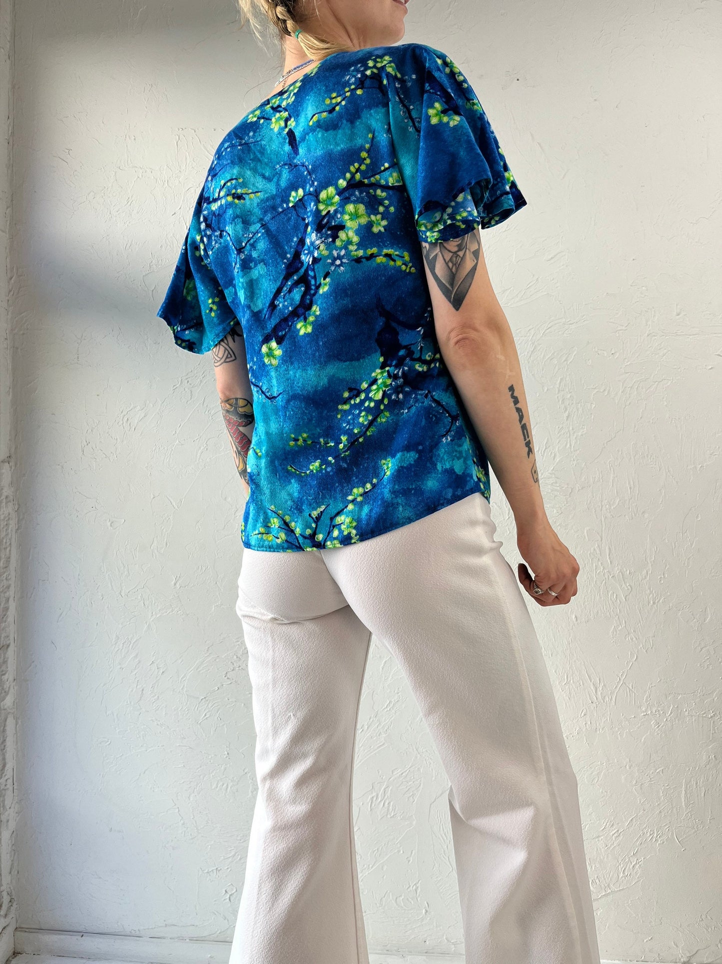 70s Blue and Green Hawaiian Print Blouse Shirt / Small