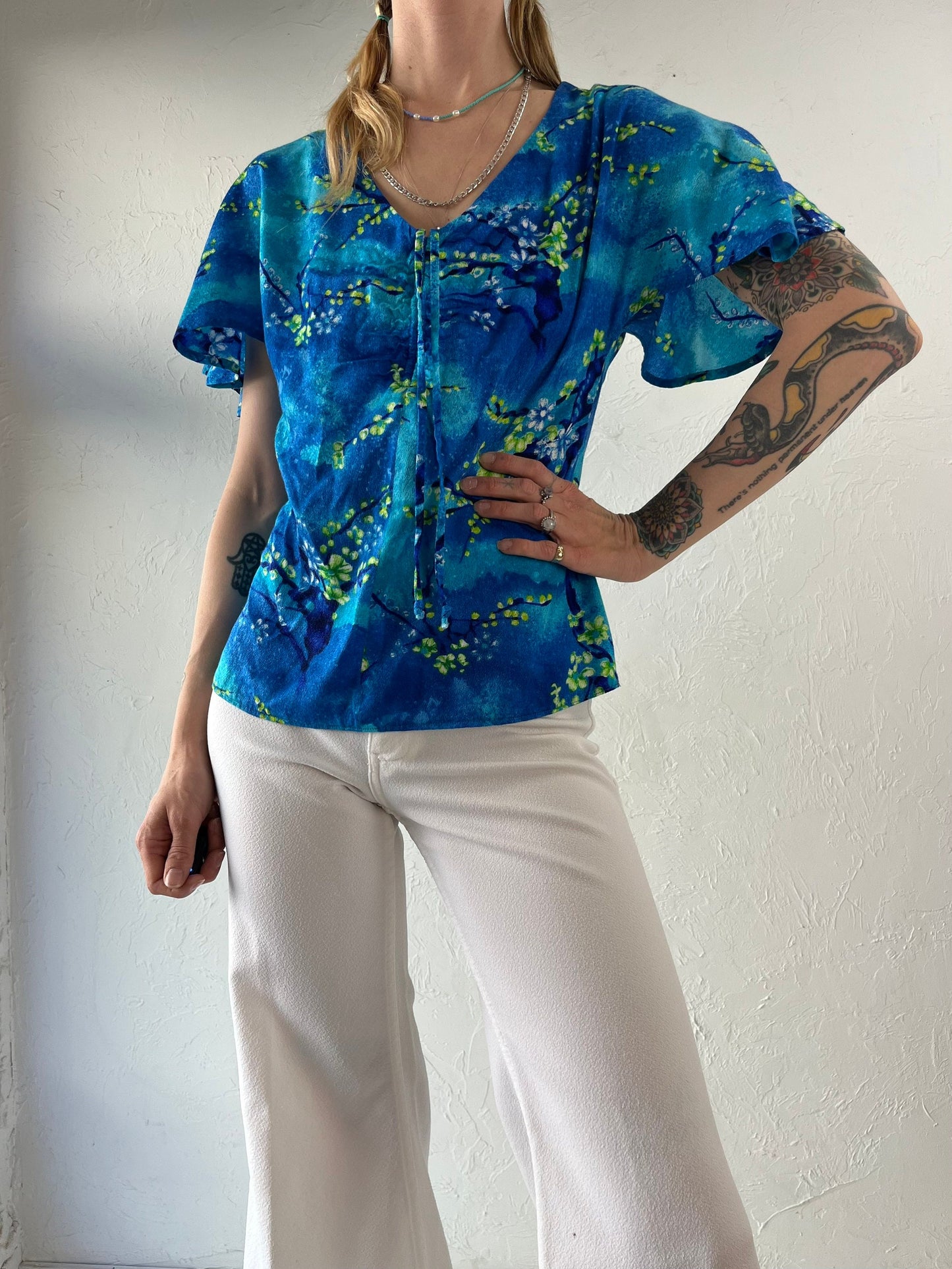 70s Blue and Green Hawaiian Print Blouse Shirt / Small