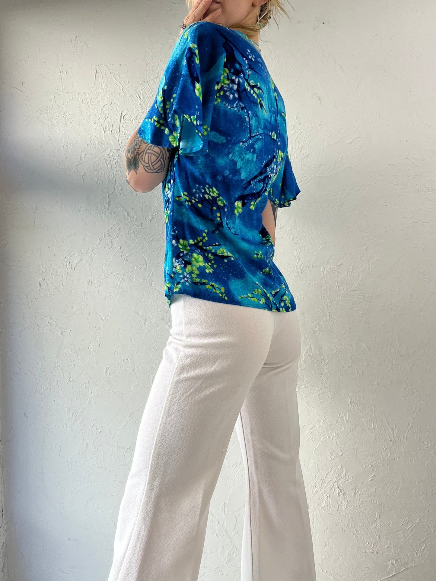 70s Blue and Green Hawaiian Print Blouse Shirt / Small