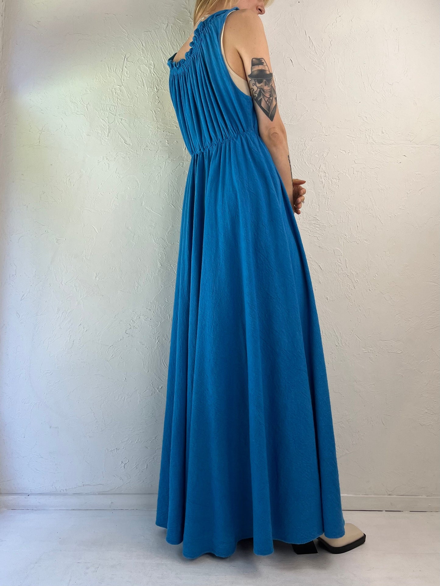 70s Blue Medium Weight Cotton Maxi Dress / X-Small
