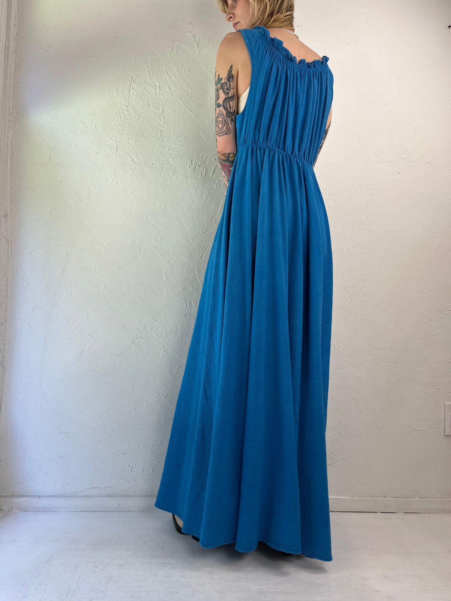 70s Blue Medium Weight Cotton Maxi Dress / X-Small