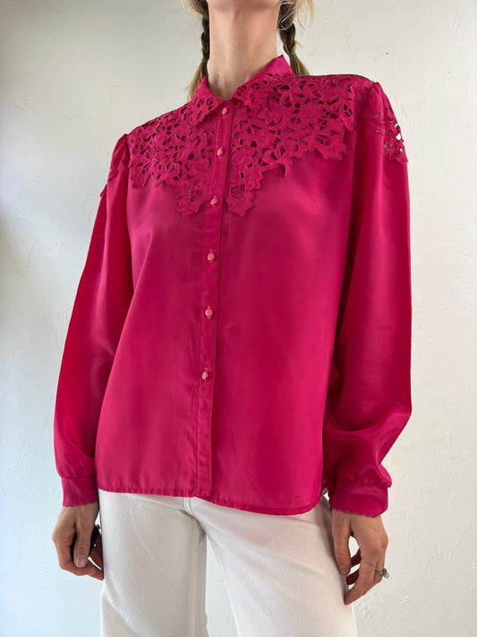 80s 'Mapssy New York' Hot Pink Long Sleeve Button Up Shirt / Size M