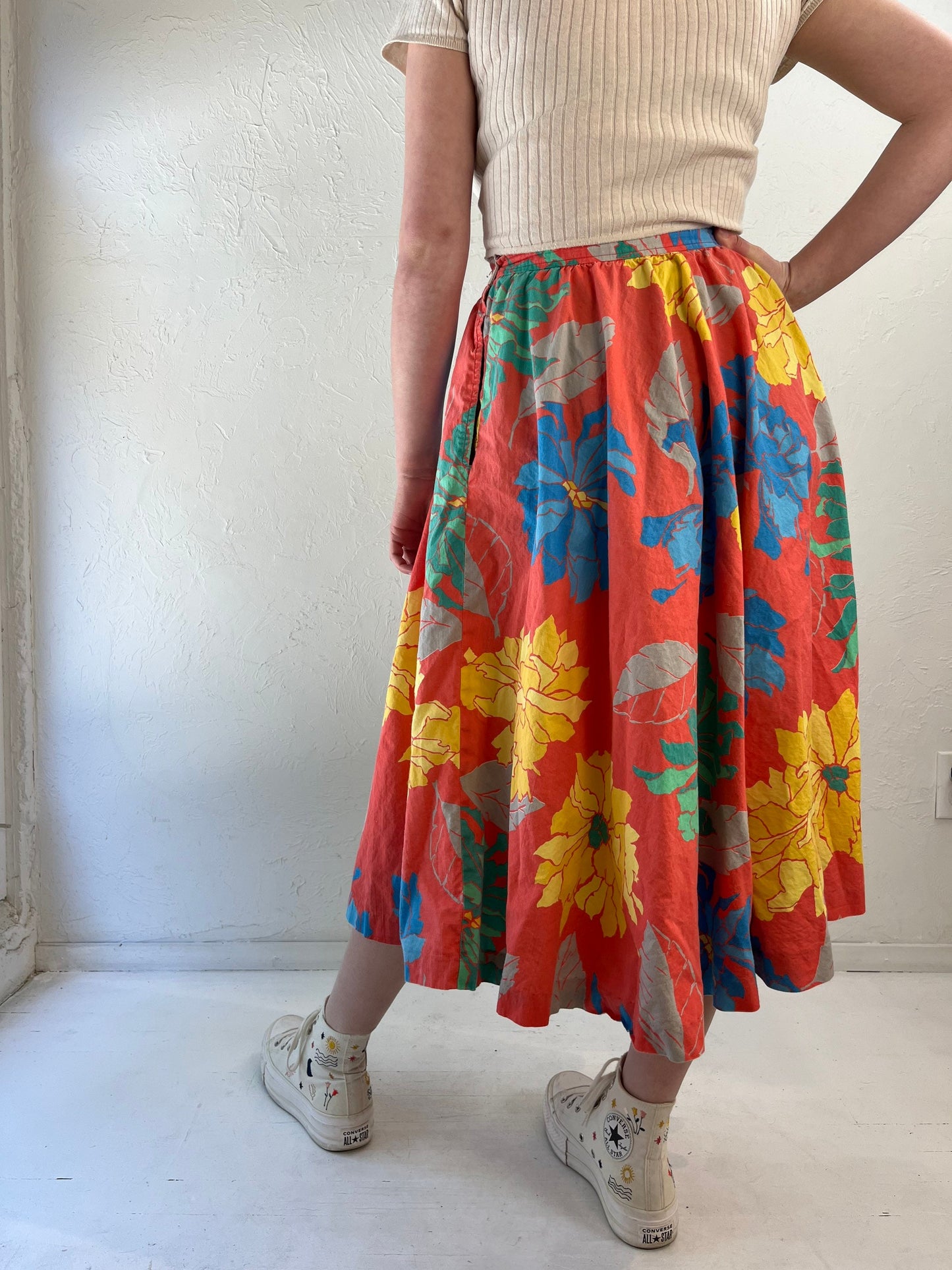 80s does 50s 'Regatta Sport' Orange Cotton Hawaiian Floral Print Full Circle Skirt / Medium