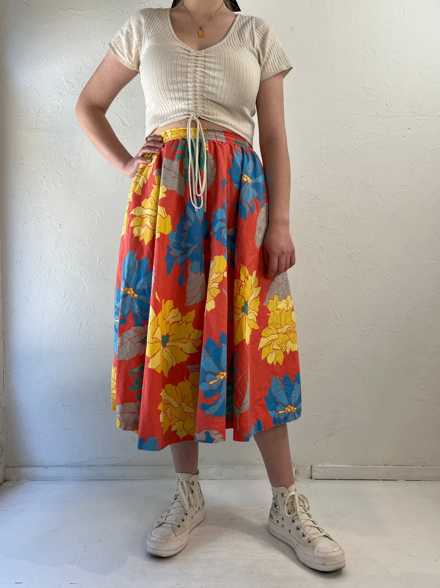 80s does 50s 'Regatta Sport' Orange Cotton Hawaiian Floral Print Full Circle Skirt / Medium