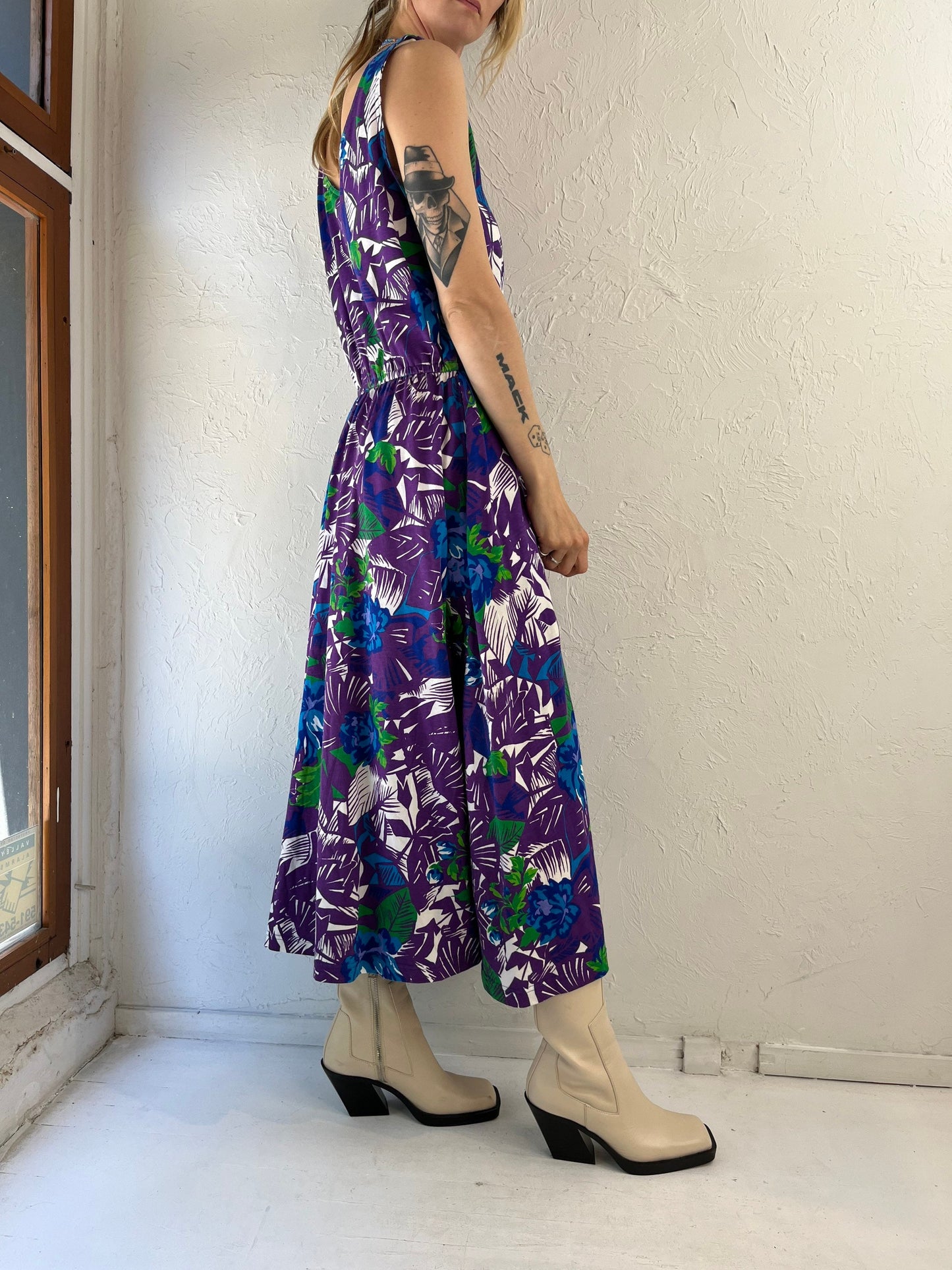 90s 'Nordstrom Point of View' Purple Cotton Hawaiian Floral Print Maxi Dress / Large