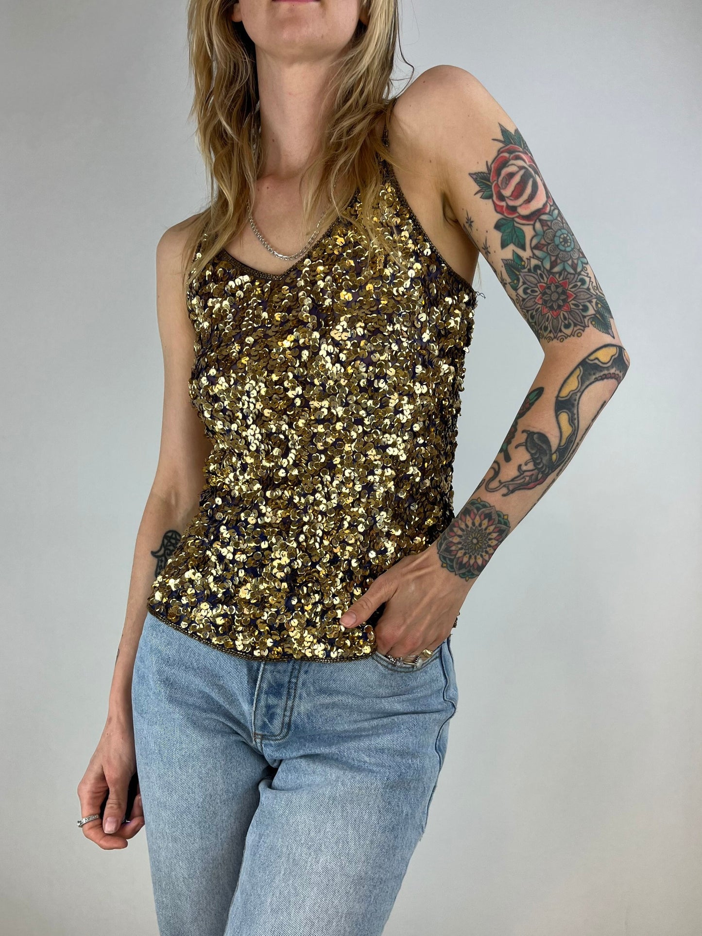 90s/Y2k Gold Sequin Blue Tulle Beaded Spaghetti Strap Tank Top / Small