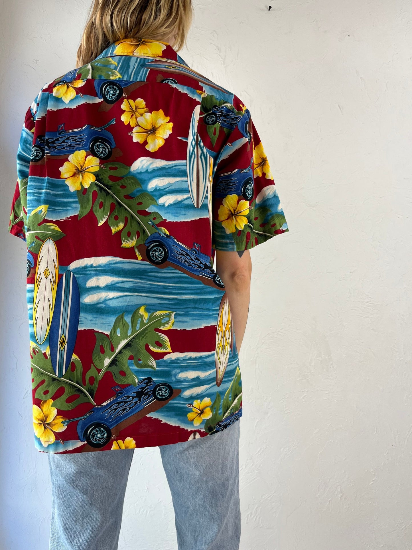 90s ‘RJC’ Hot Rod Topical Print Cotton Dress Shirt / Small