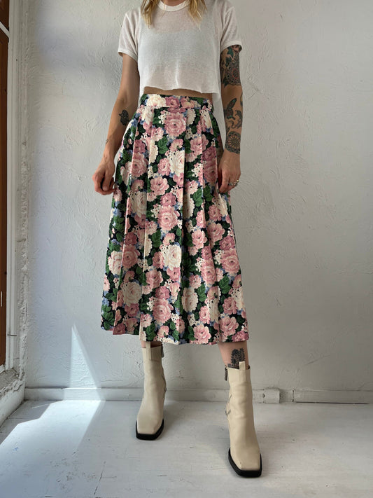 90s 'JH Collectibles' Pink Green and Blue Floral Pleated Maxi Skirt / Small