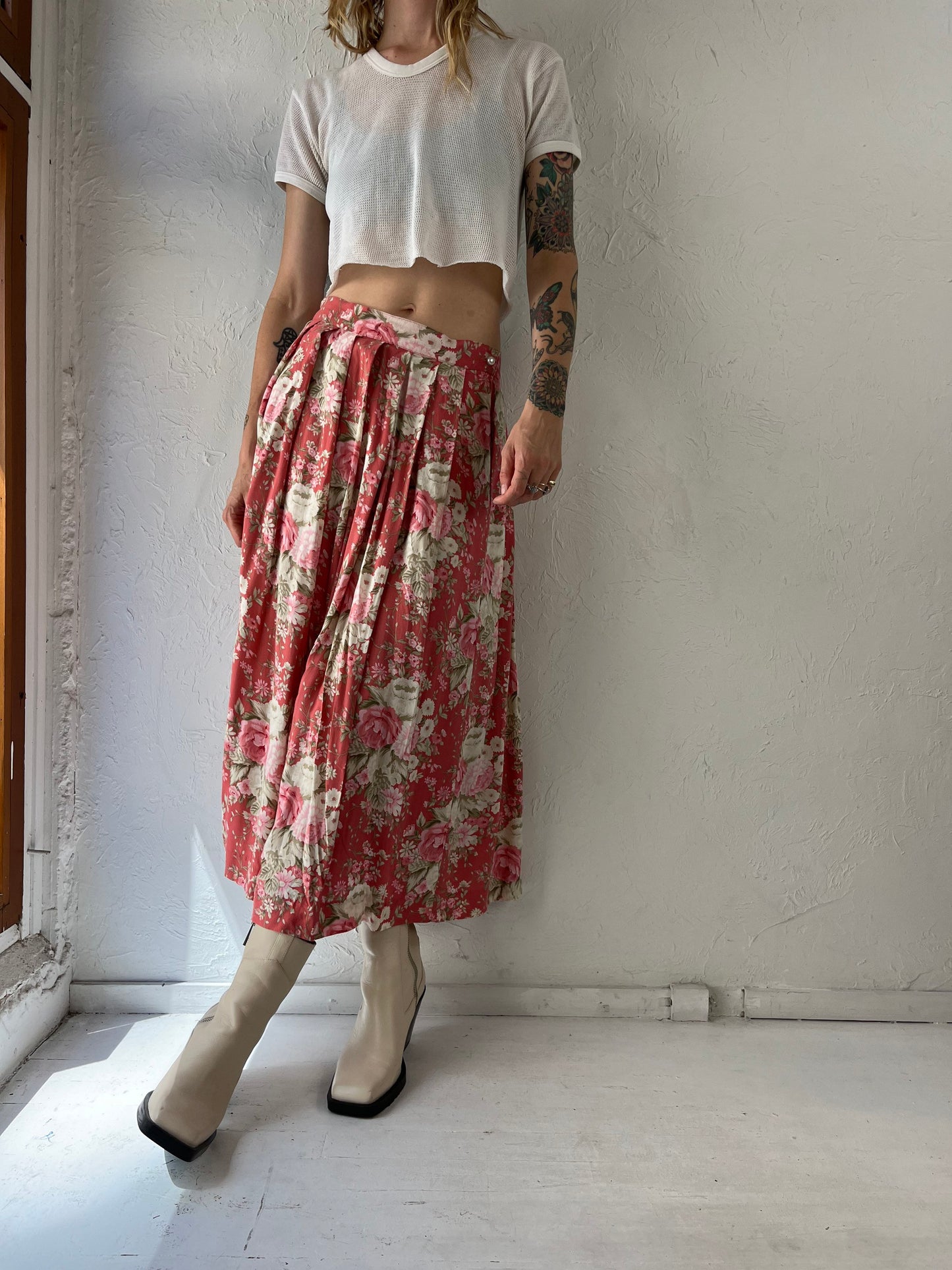 90s 'Tabi' Pink Floral Print Rayon Maxi Skirt / Small
