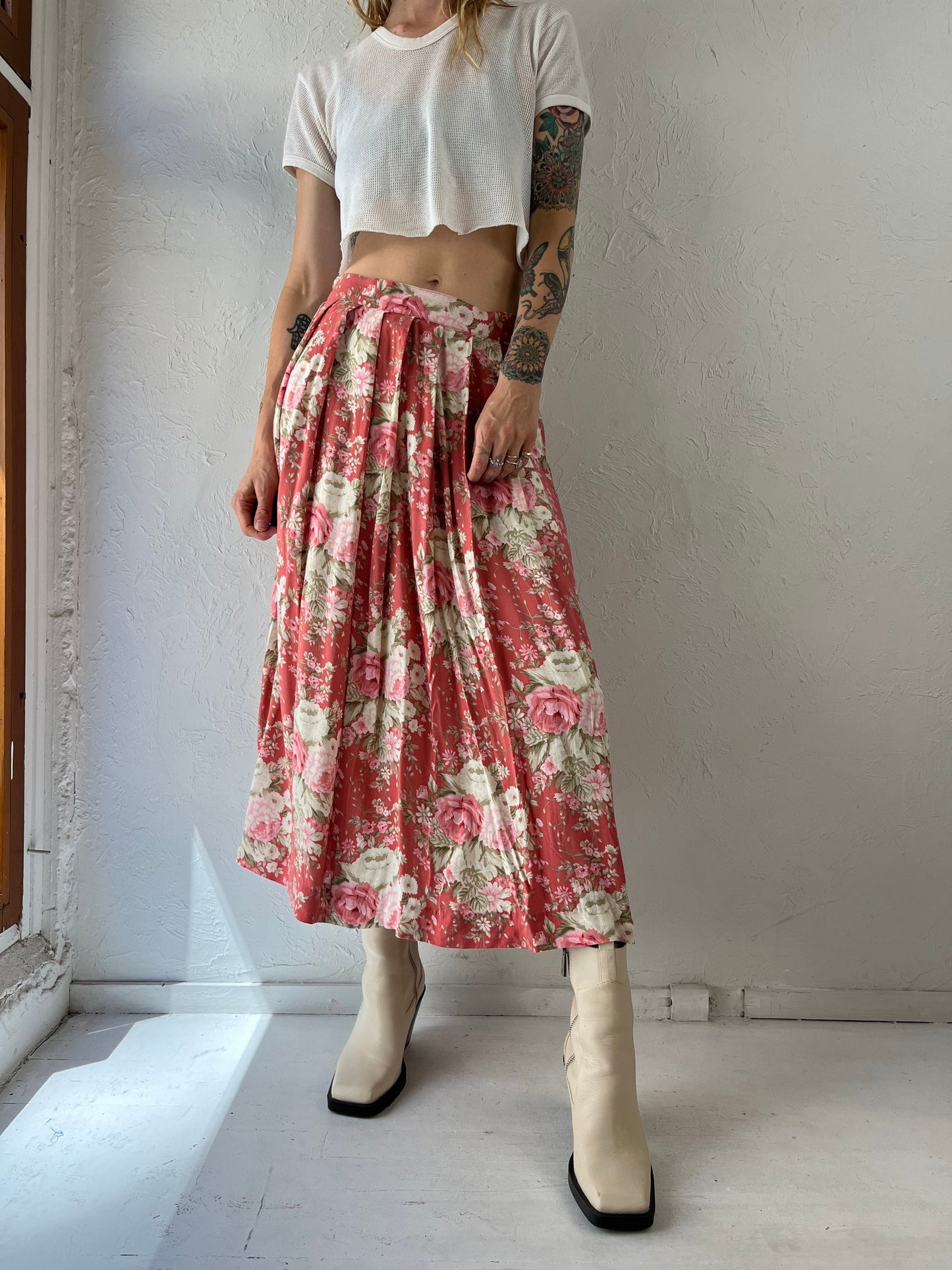 90s 'Tabi' Pink Floral Print Rayon Maxi Skirt / Small
