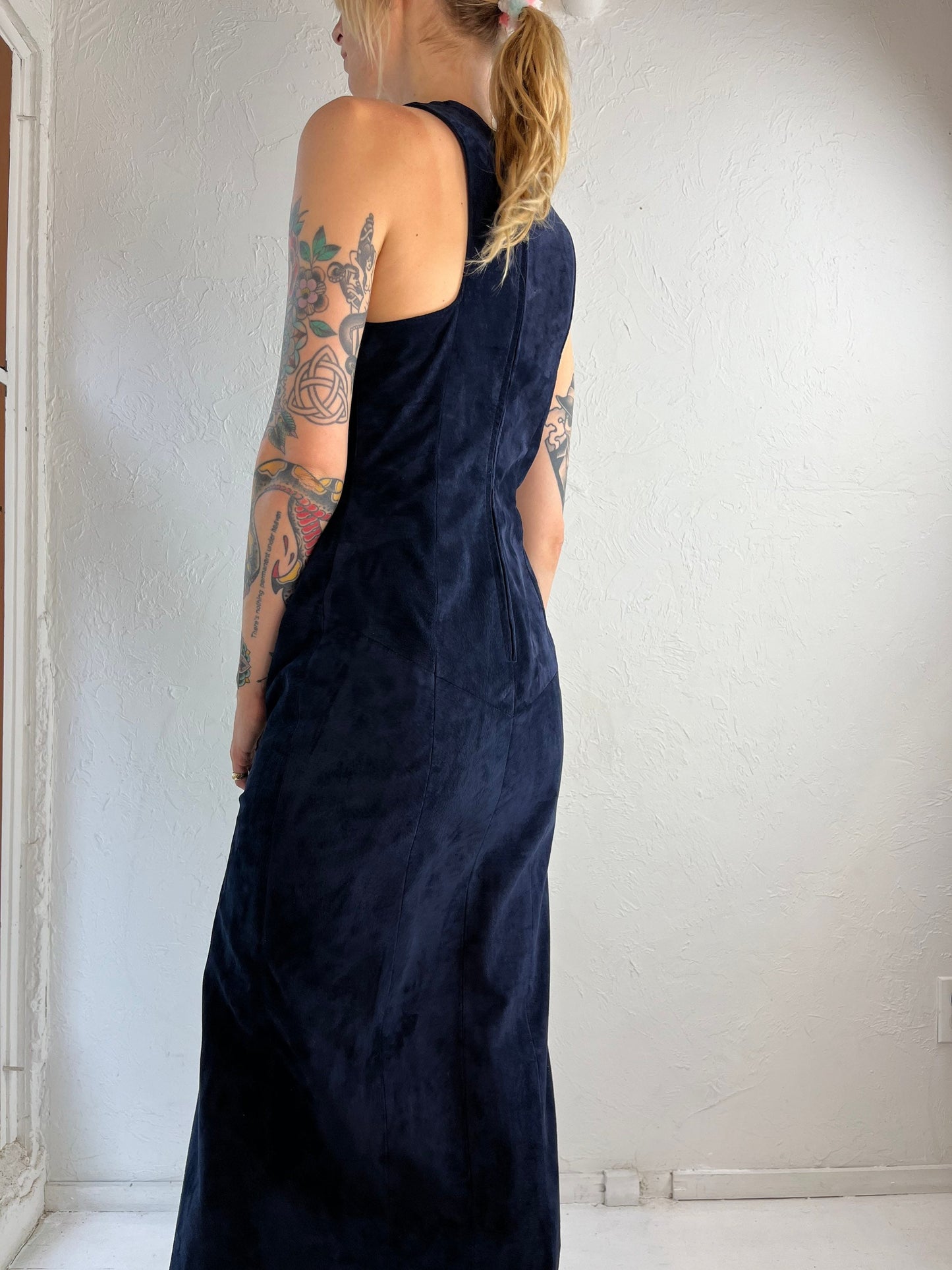 90s 'Danier' Navy Blue Suede Leather Form Fitting Dress / XS