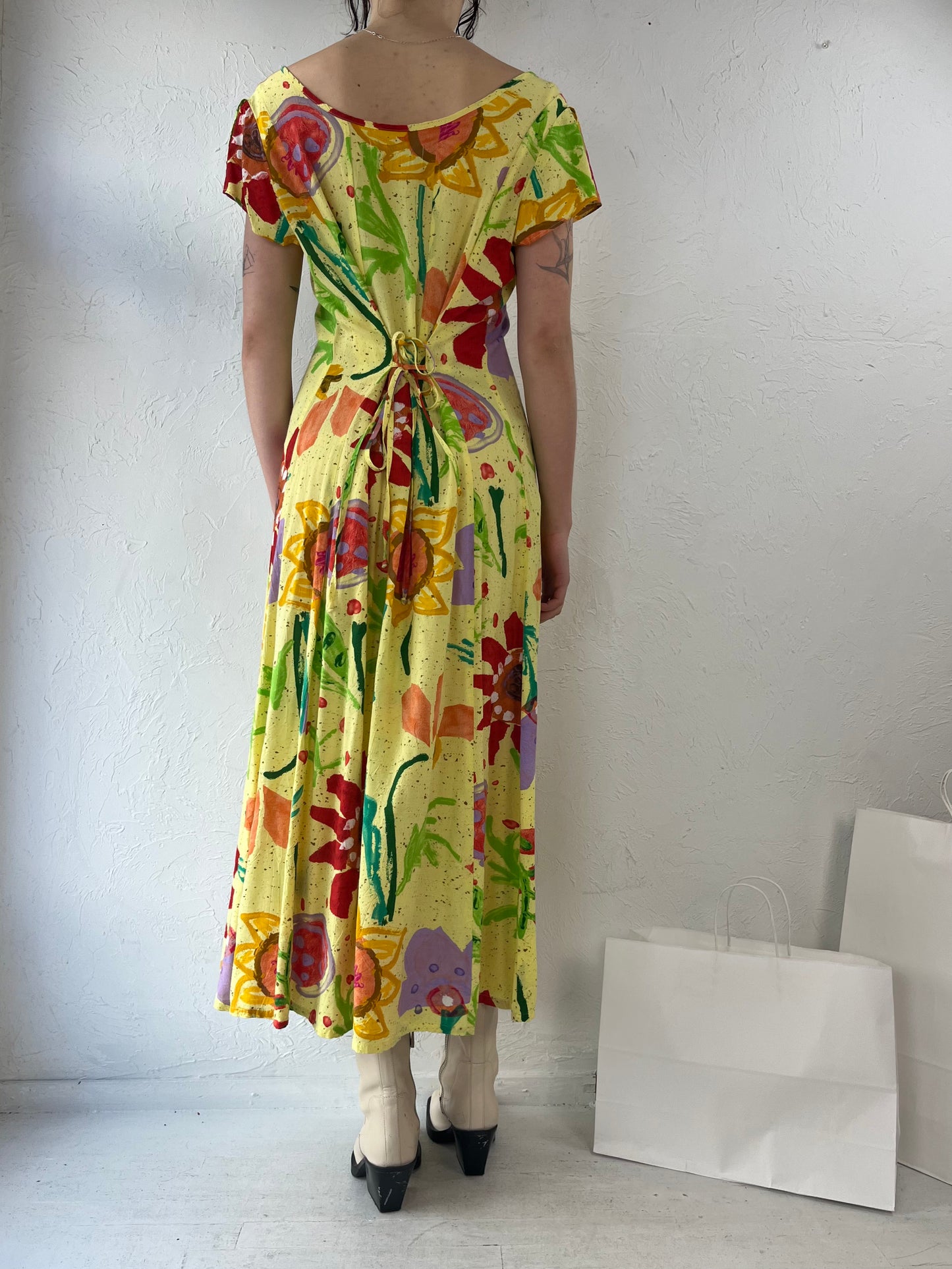 90s Jams World Yellow Floral Print Rayon Dress / Medium