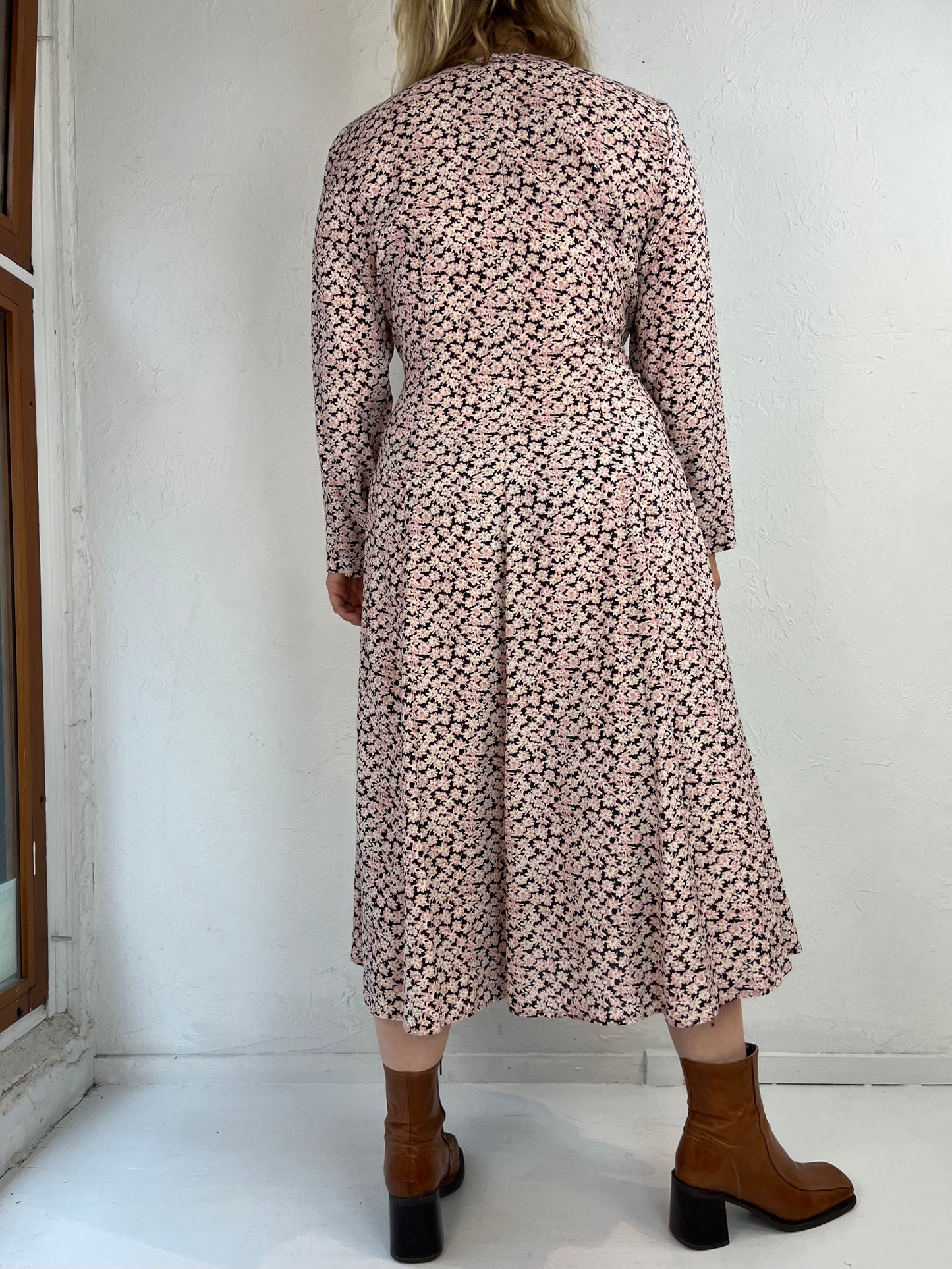 90s 'Marylin' Pink Floral Rayon Dress / Large