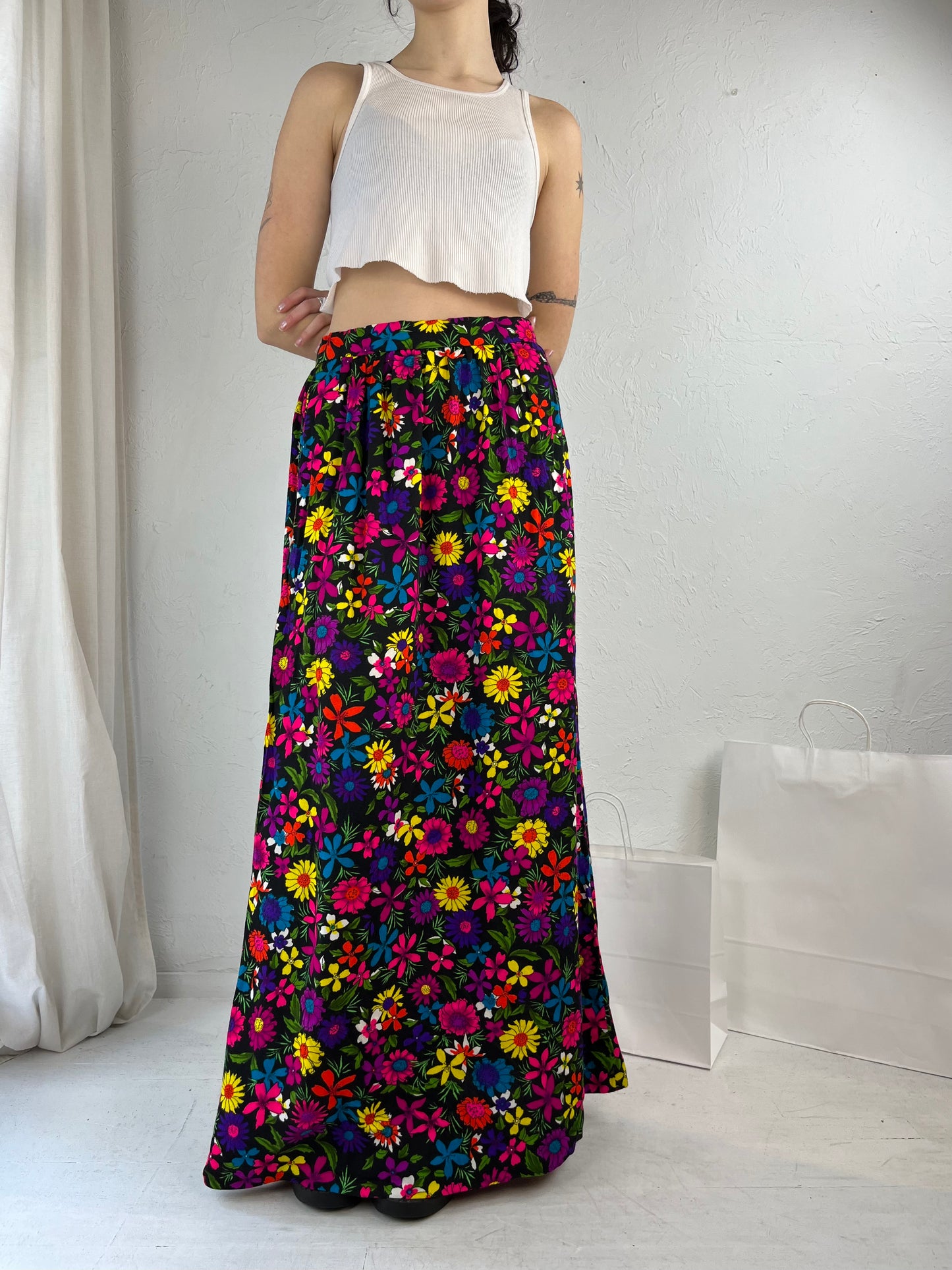 70s Handmade Floral Print Maxi Skirt / Medium