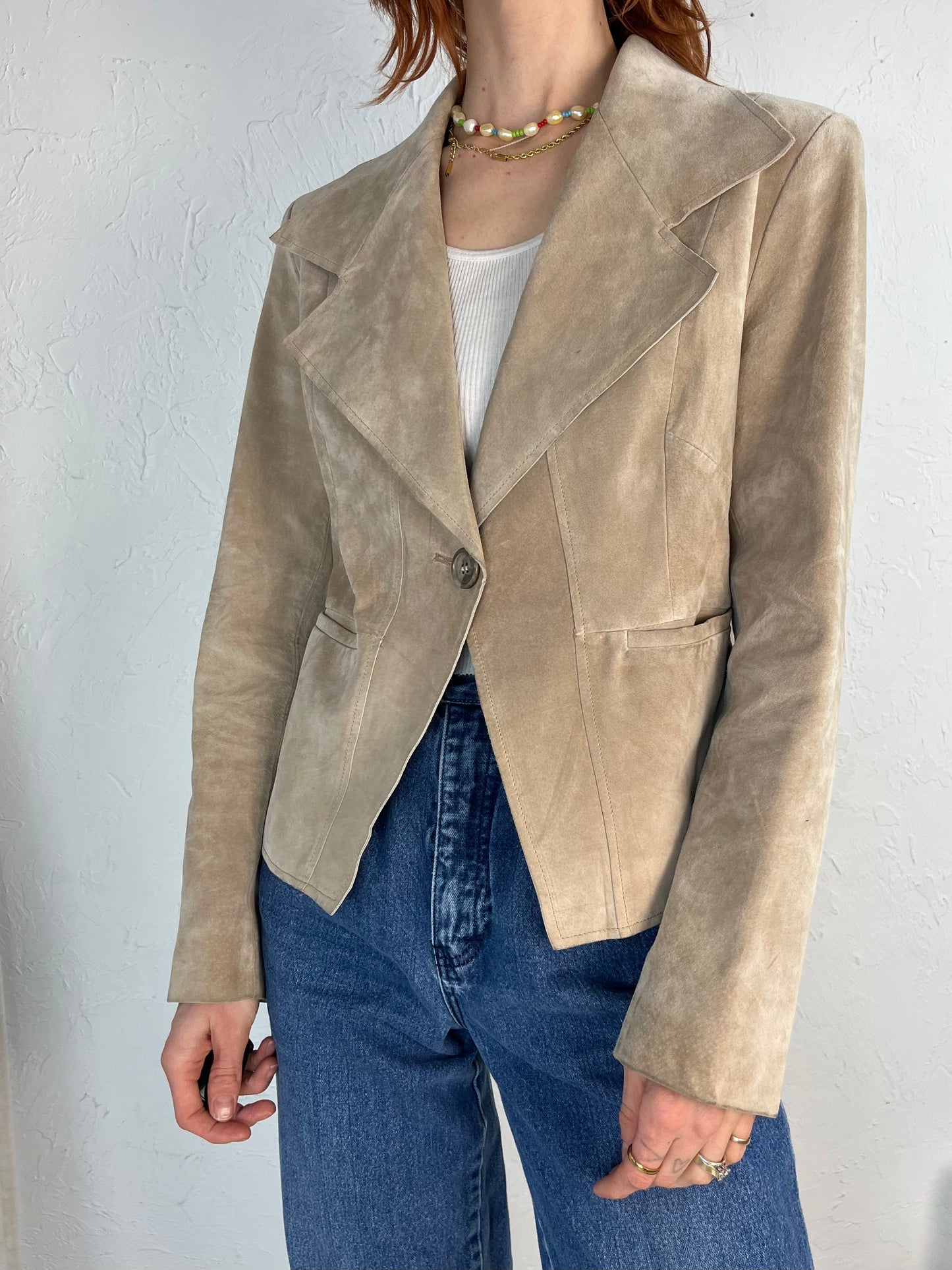 Y2k 'Anne Klein' Beige Suede Leather Blazer Jacket / Medium