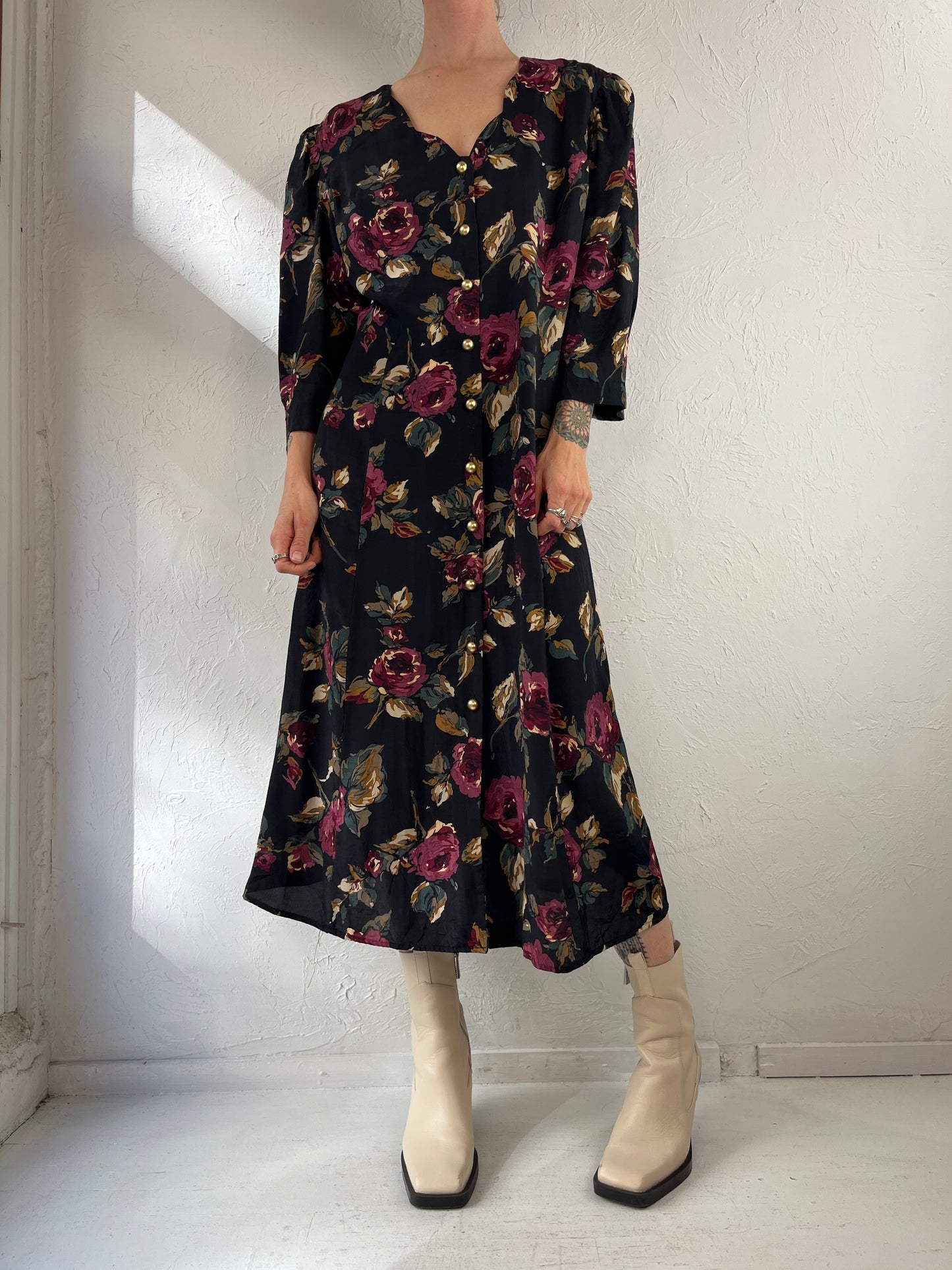 90s 'Caroline Wells' Black Floral Print Rayon Dress / Large