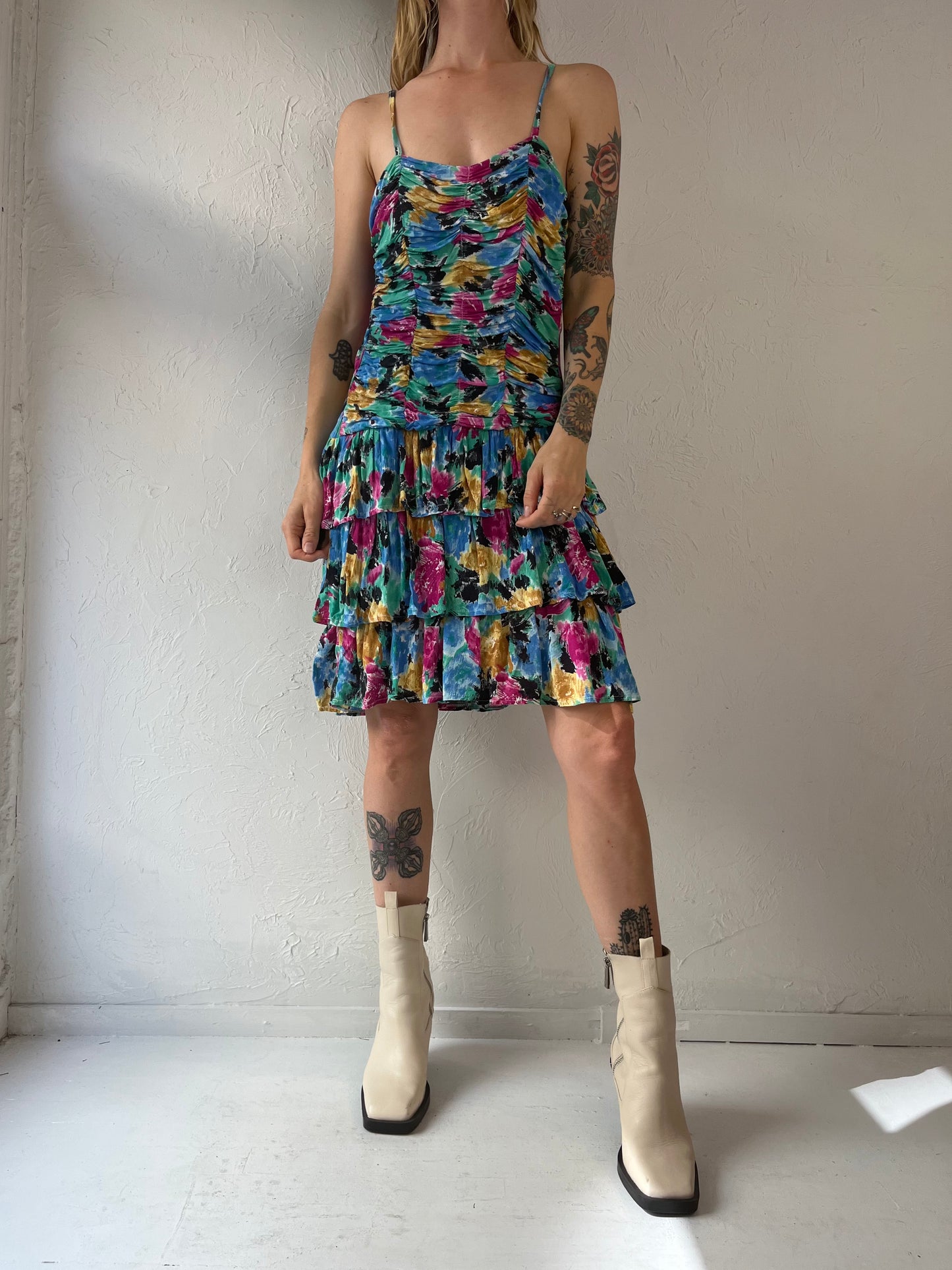 90s Rainbow Ruched Ruffle Sleeveless Dress / Medium