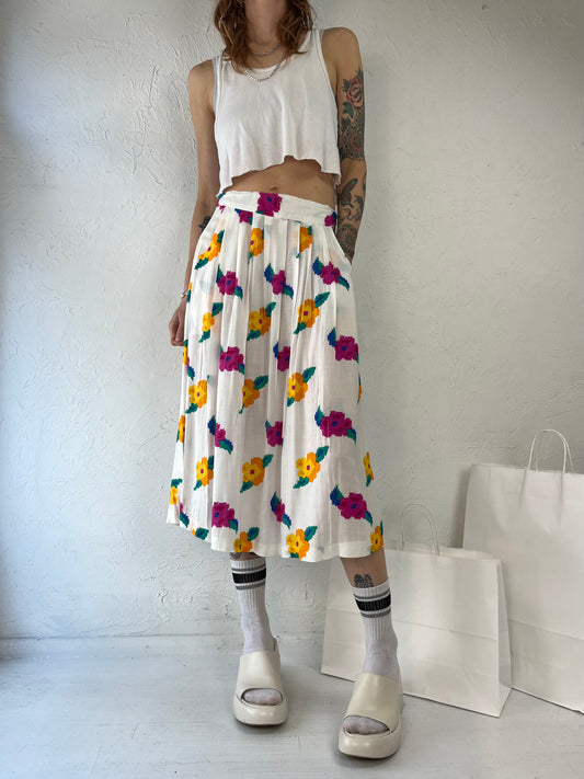 80s 'Le Jupe' White Floral Rayon Midi Skirt / Small