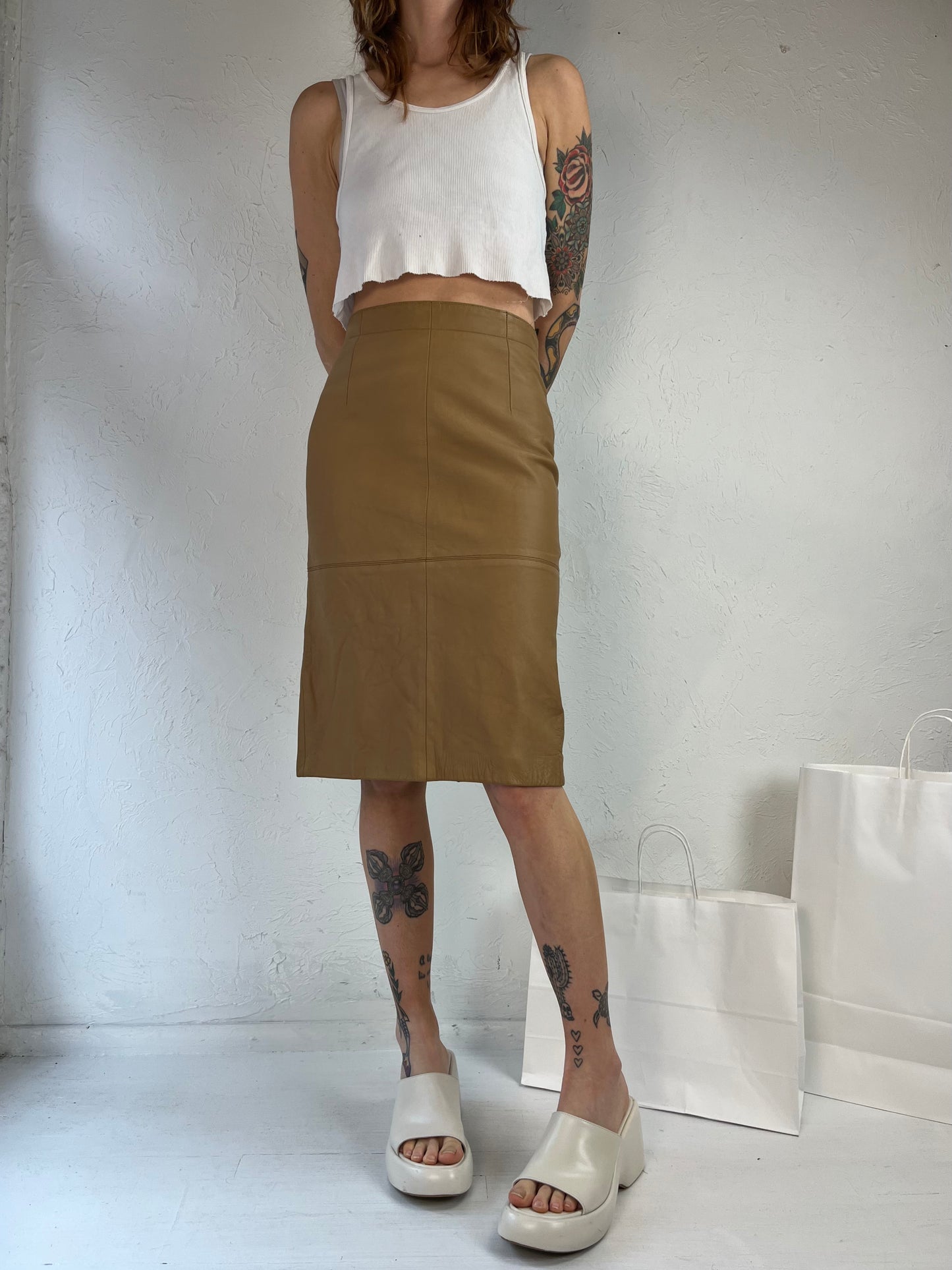 90s 'Scherrer' Brown Leather Pencil Skirt / Small