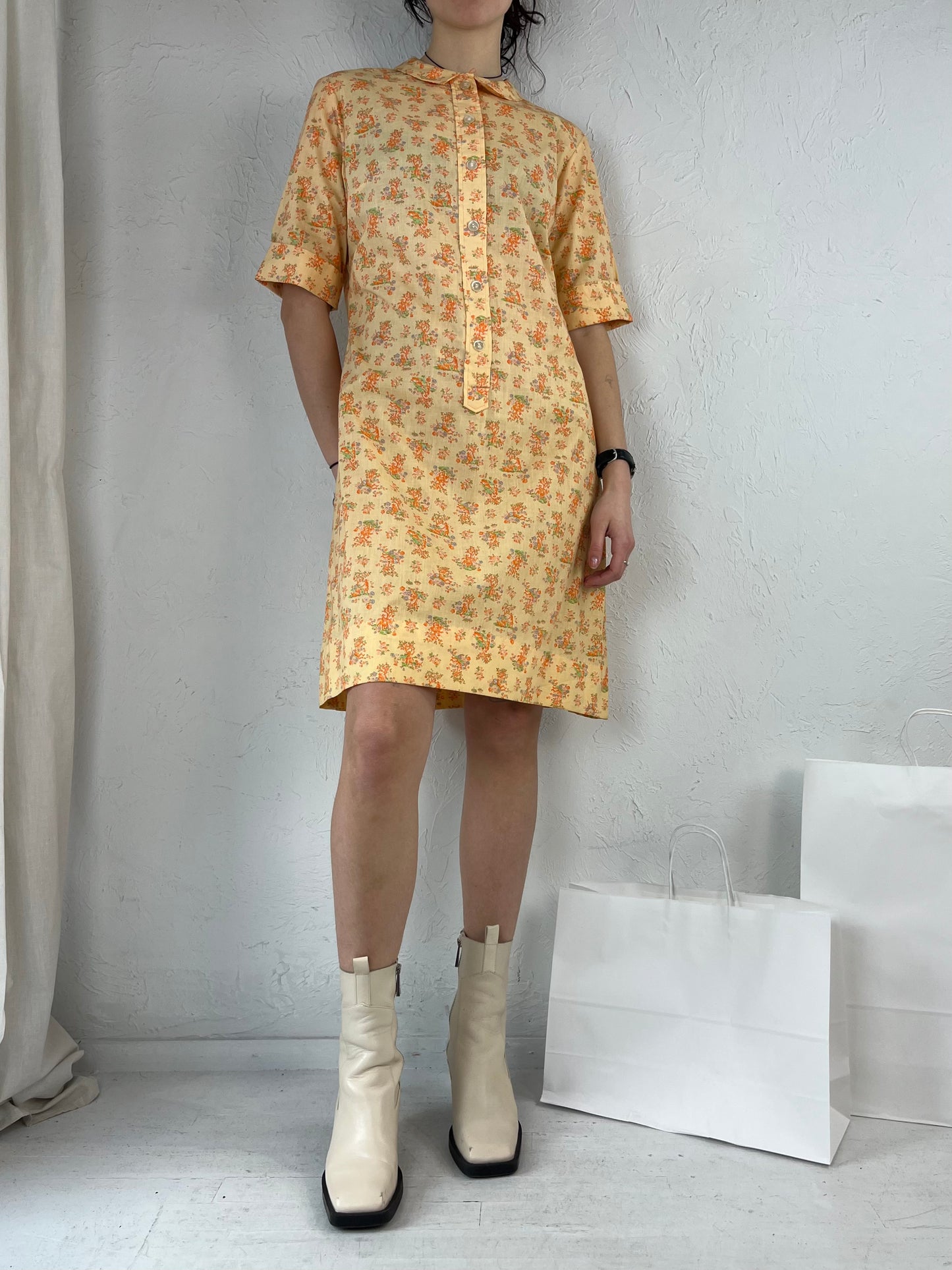 80s 'Lady Wrangler' Orange Floral Print T Shirt Dress / Medium