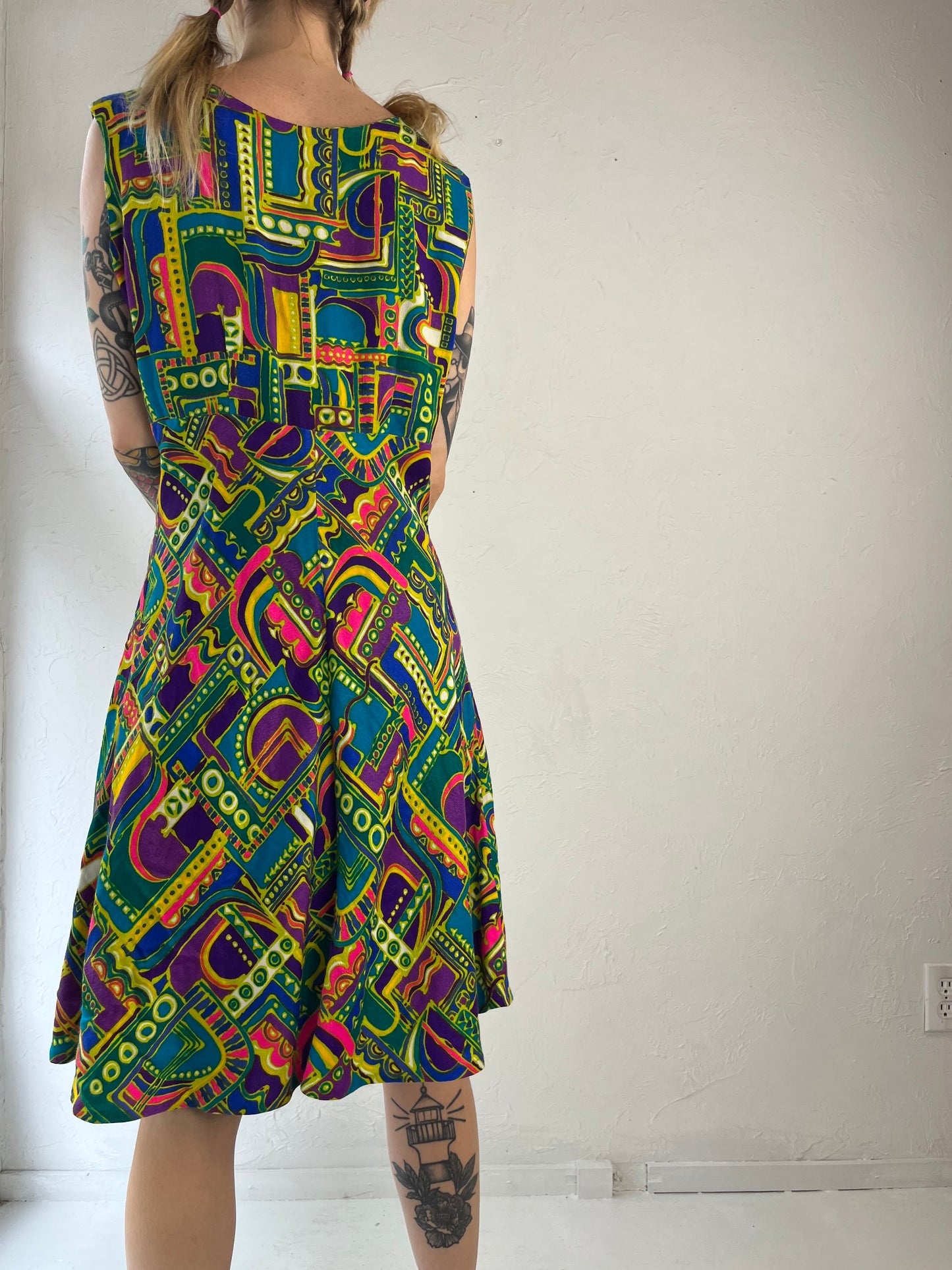 80s Jewel Tone Abstract Print Sleeveless Retro Dress / Medium