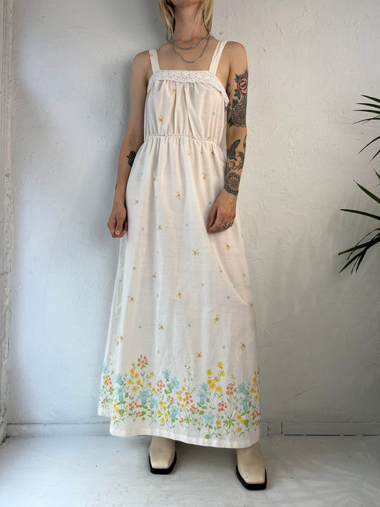 80s Cream Lacey Floral Sleeveless Dress / Medium