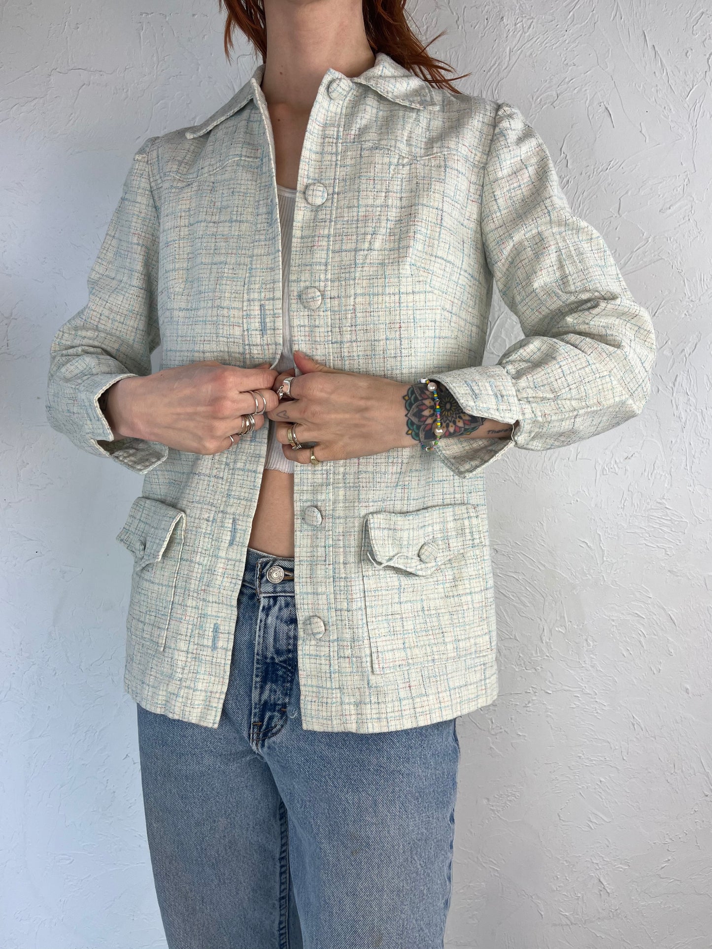 70s Pastel Tweed Linen Knit Jacket / Small