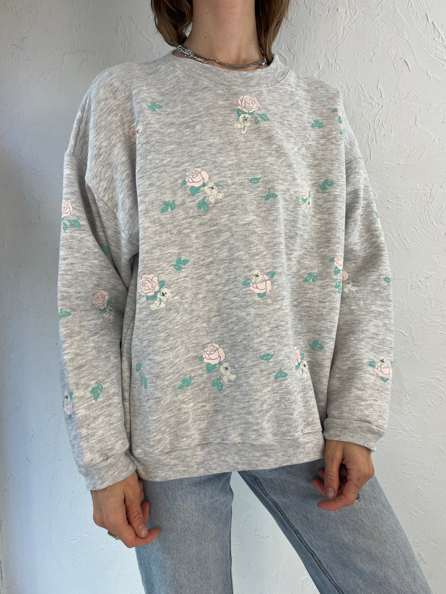 90s 'Spumoni' Grey Rose Teddy Bear Crew Neck Sweatshirt / Medium
