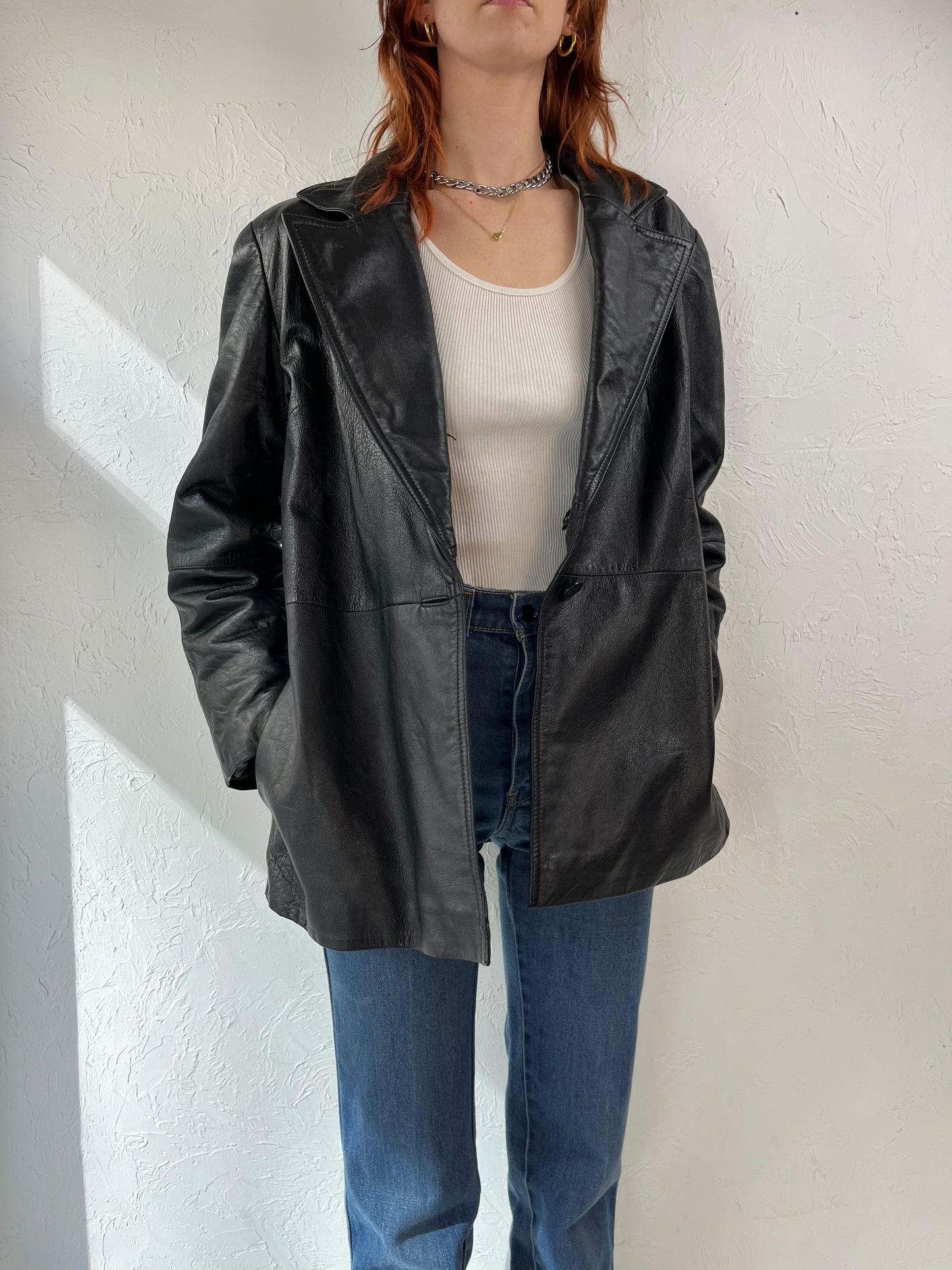Y2K 'Express' Black Leather Blazer Jacket / Medium