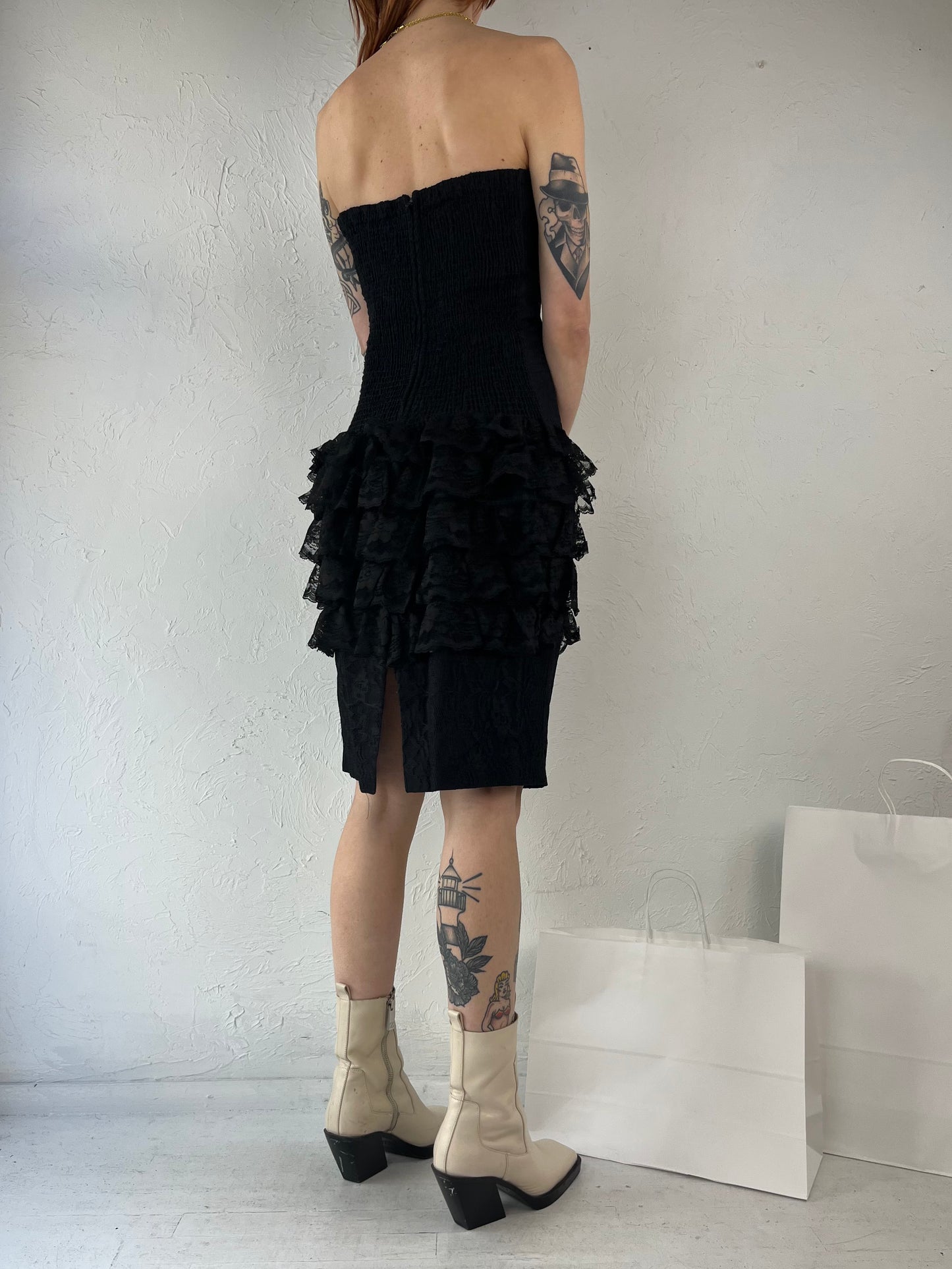 80s 'Identity' Black Lace Strapless Mini Dress / Large