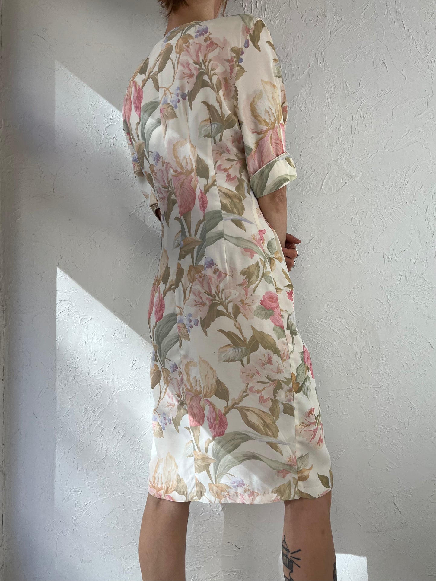 80s 'Atina' Cream Floral Print Button Up Dress / Small