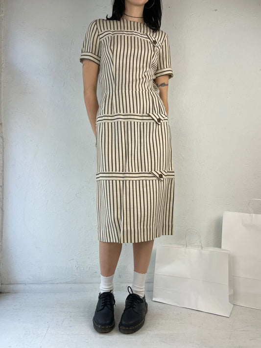 90s 'Sir Rob' Beige Striped Midi Dress / Small