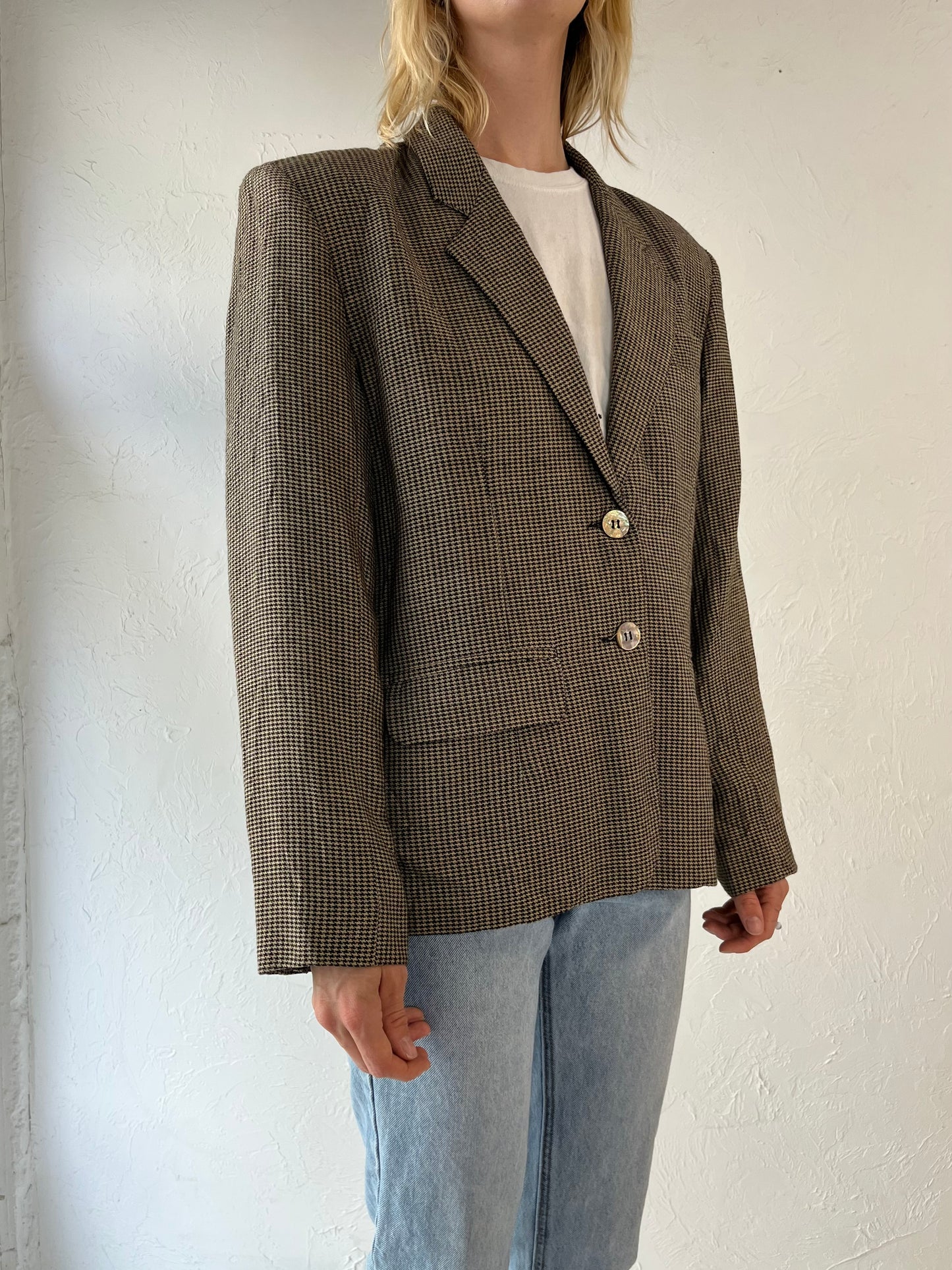 80s 'ABS' Houndstooth Rayon Blazer Jacket / Large