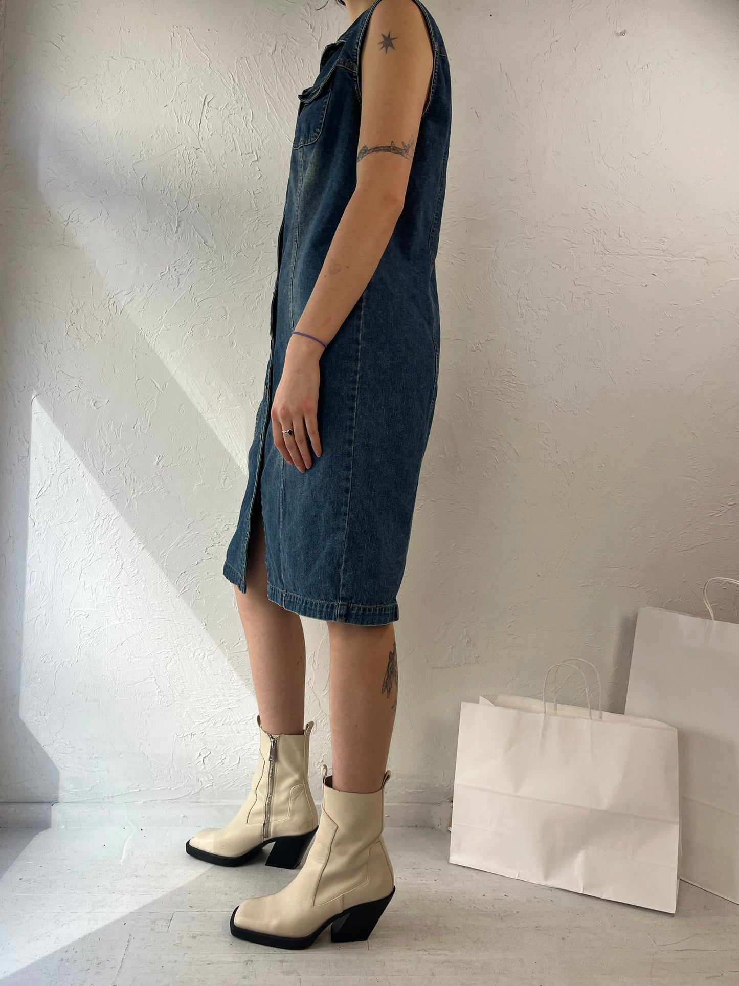 90s 'Contrast' Collared Sleeveless Denim Midi Dress / Medium