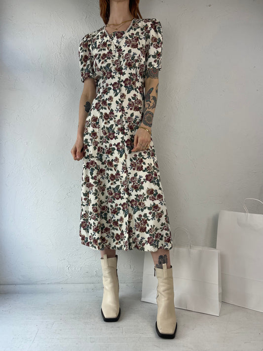 90s 'En Focus' Cream Floral Print Dress / Medium
