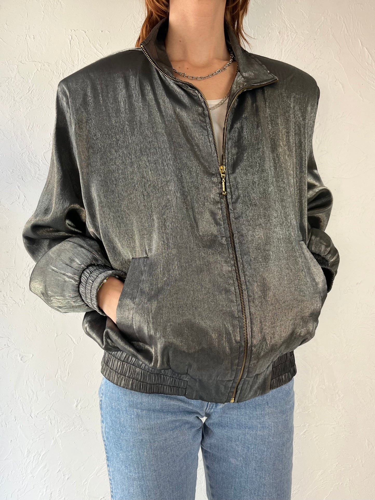 90s 'Emily' Silver Polyester Bomber Jacket / Large