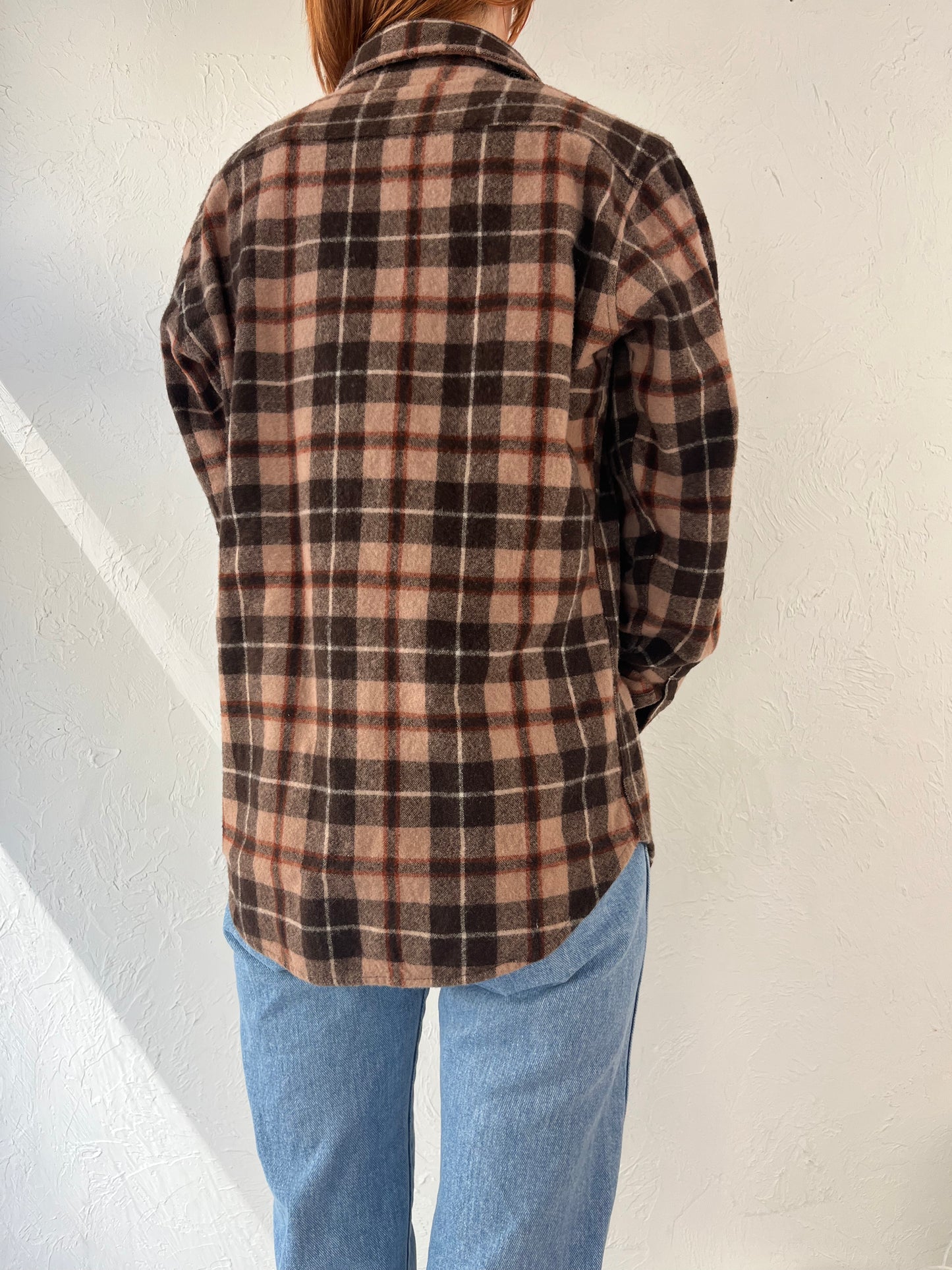 90s 'St. Johns Bay' Brown Plaid Wool Button Up Shirt / Medium