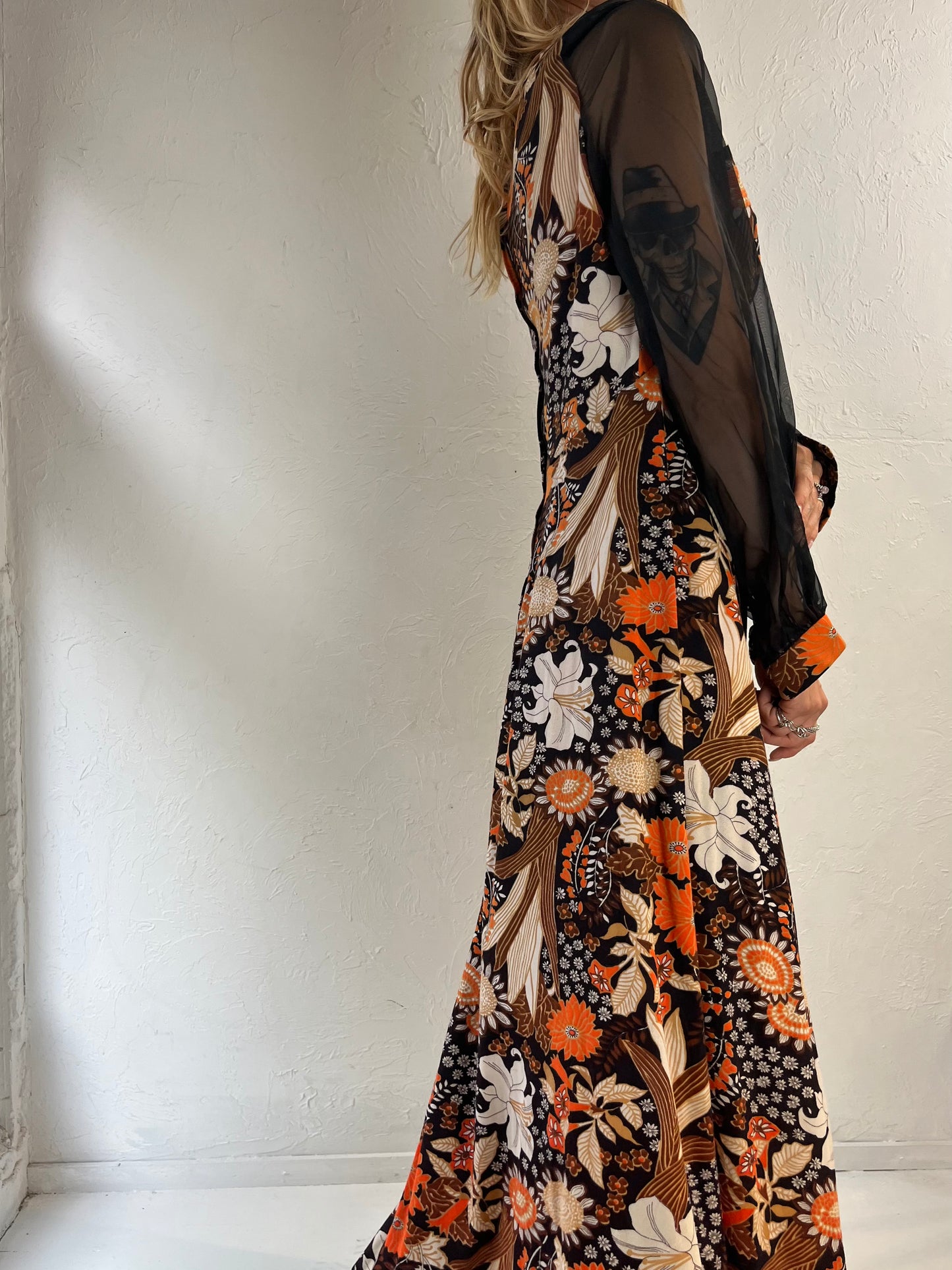 70s 'April Fashions' Floral Print Mesh Sleeve Maxi Dress / Small