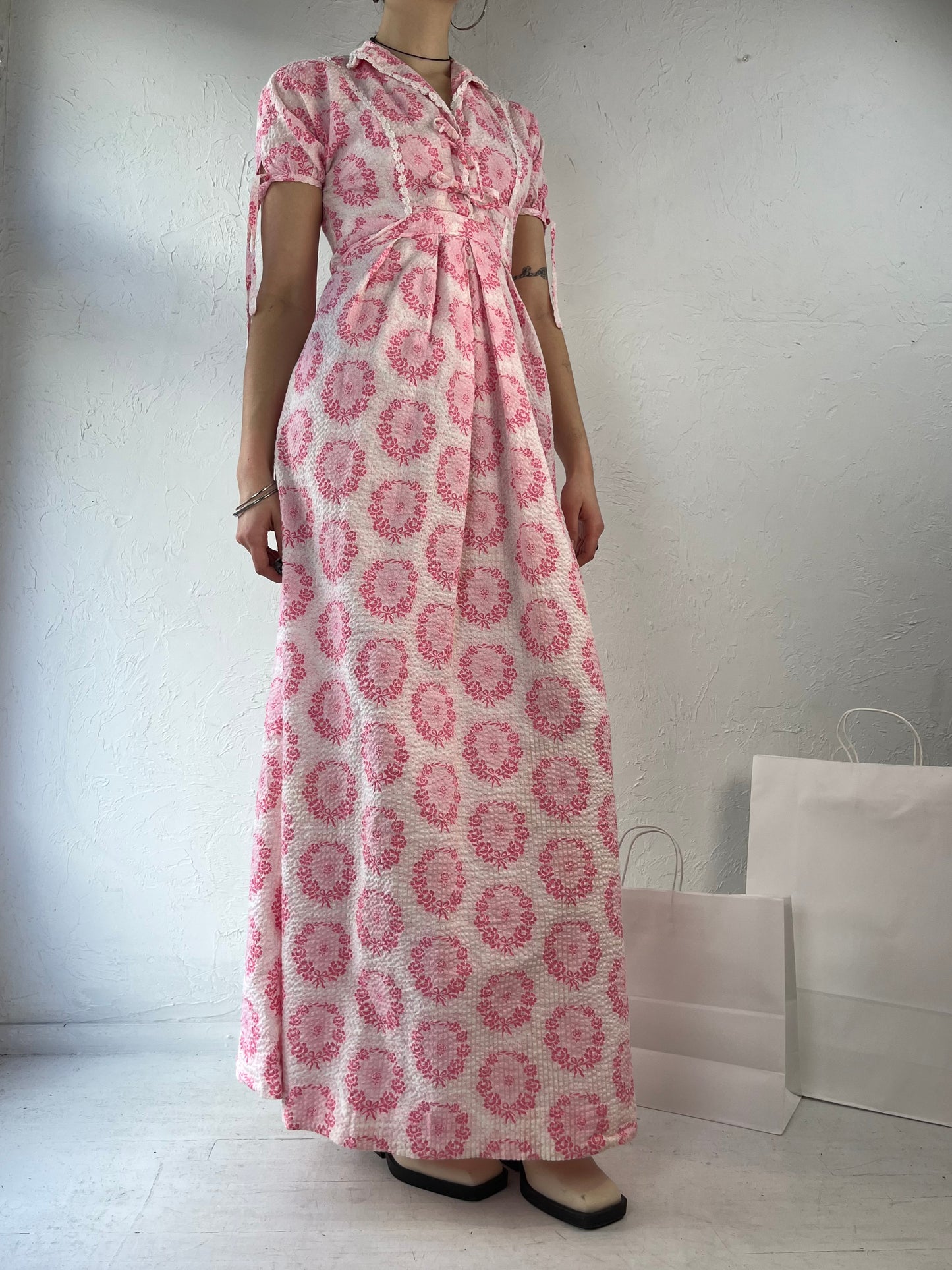 70s Handmade Pink Floral Print Maxi Dress / Small