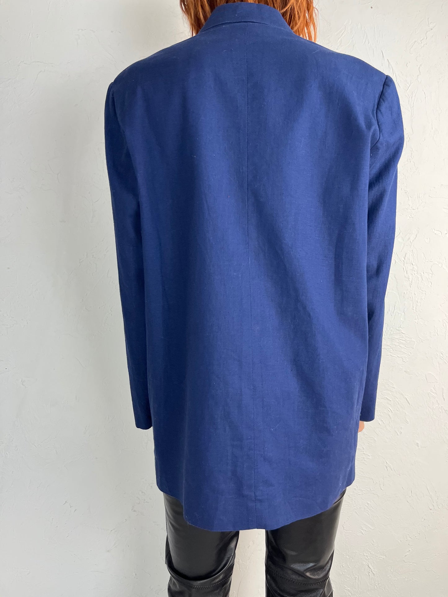 90s 'Nordstrom' Navy Blue Cotton Linen Oversized Blazer / Medium