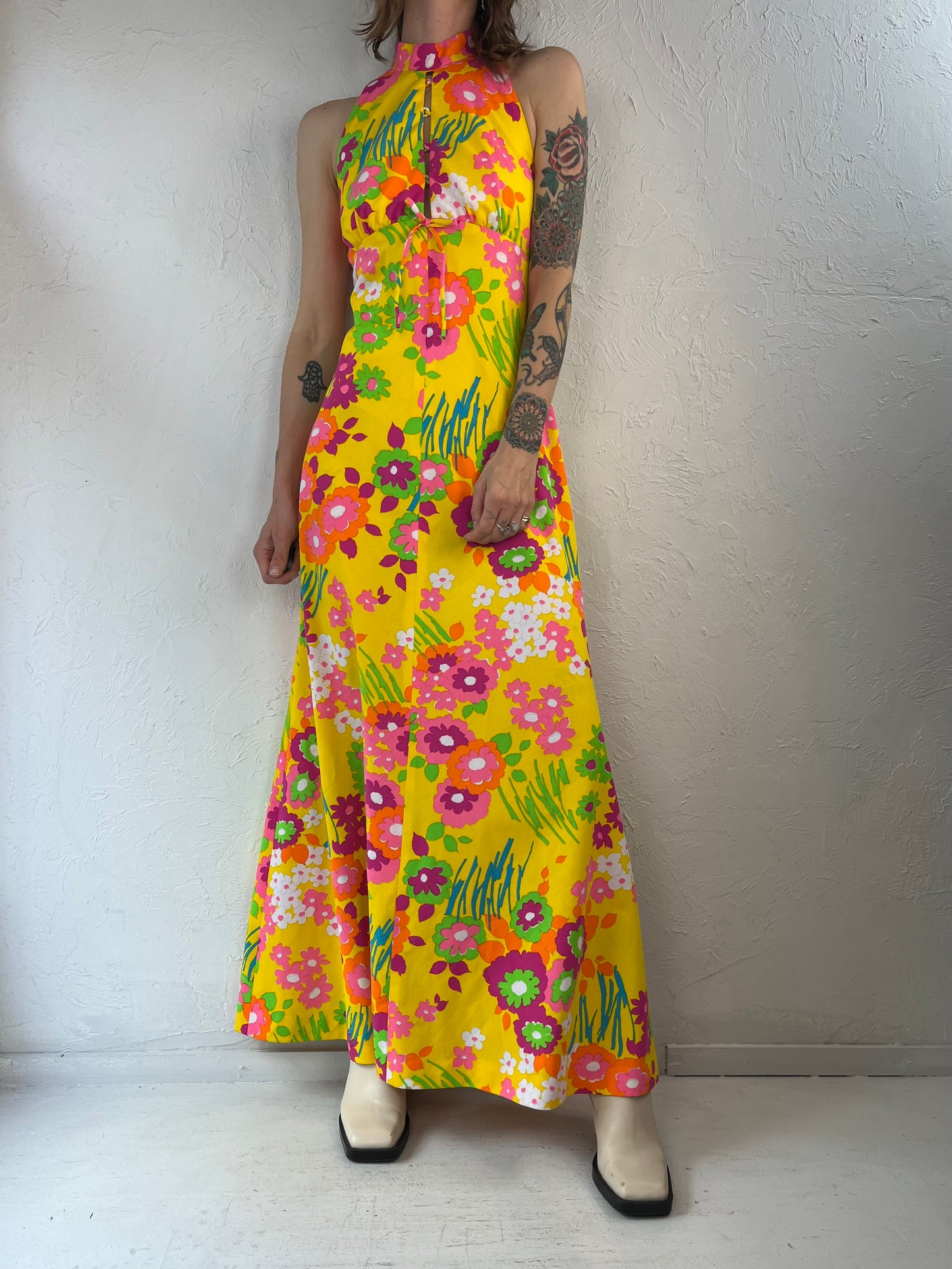 70s Floral Print Halter Hippie Dress / Small