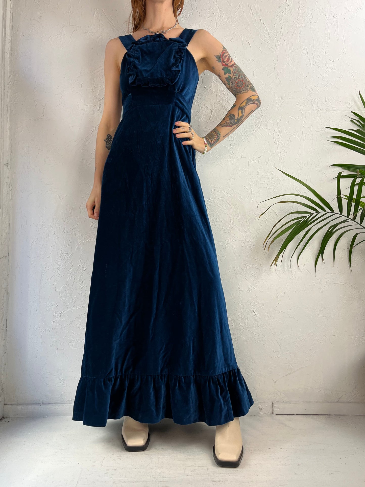 90s 'Q In' Blue Cotton Velvet Evening Dress / Small