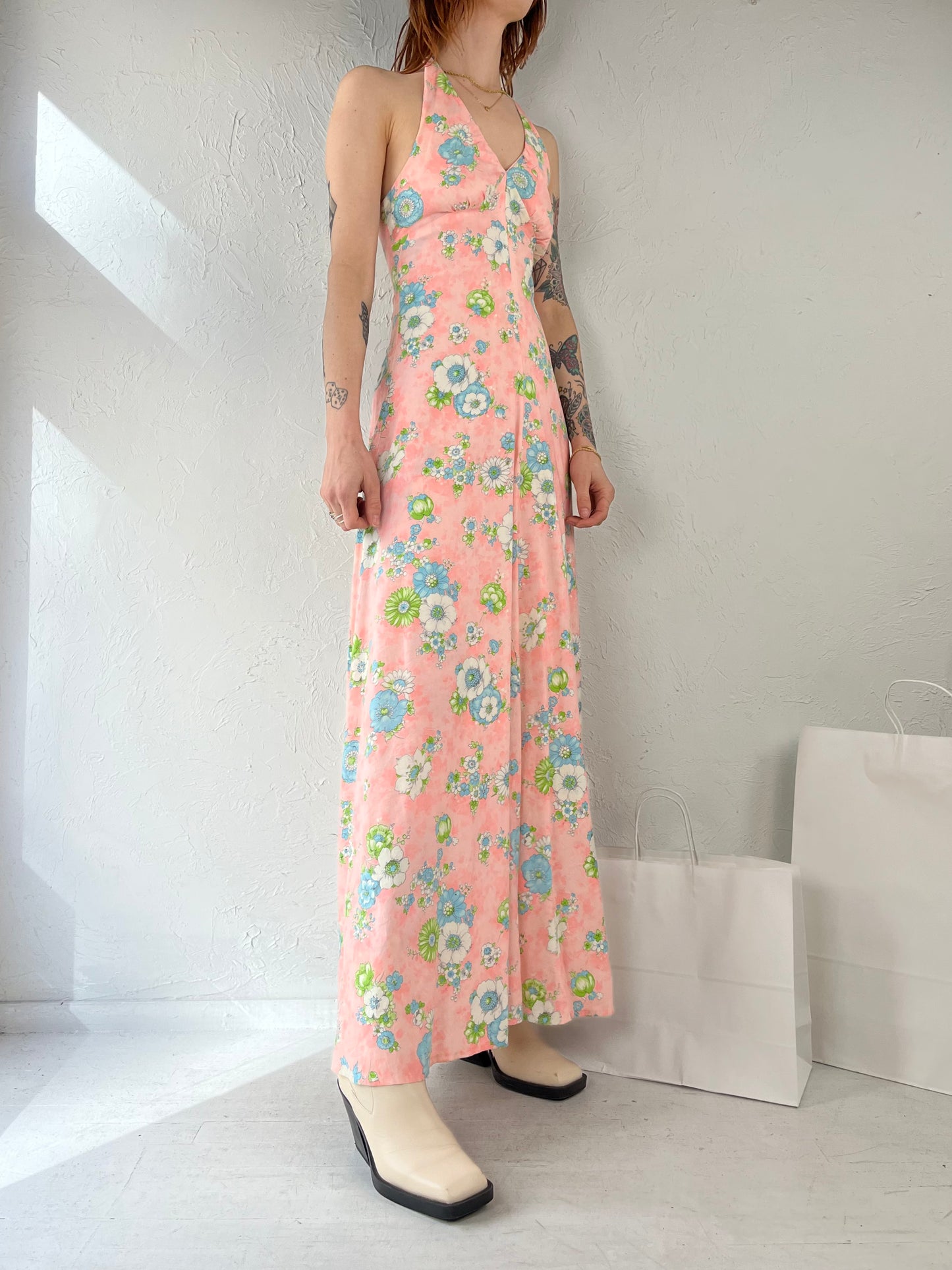 70s Pink Floral Print Halter Dress / Small