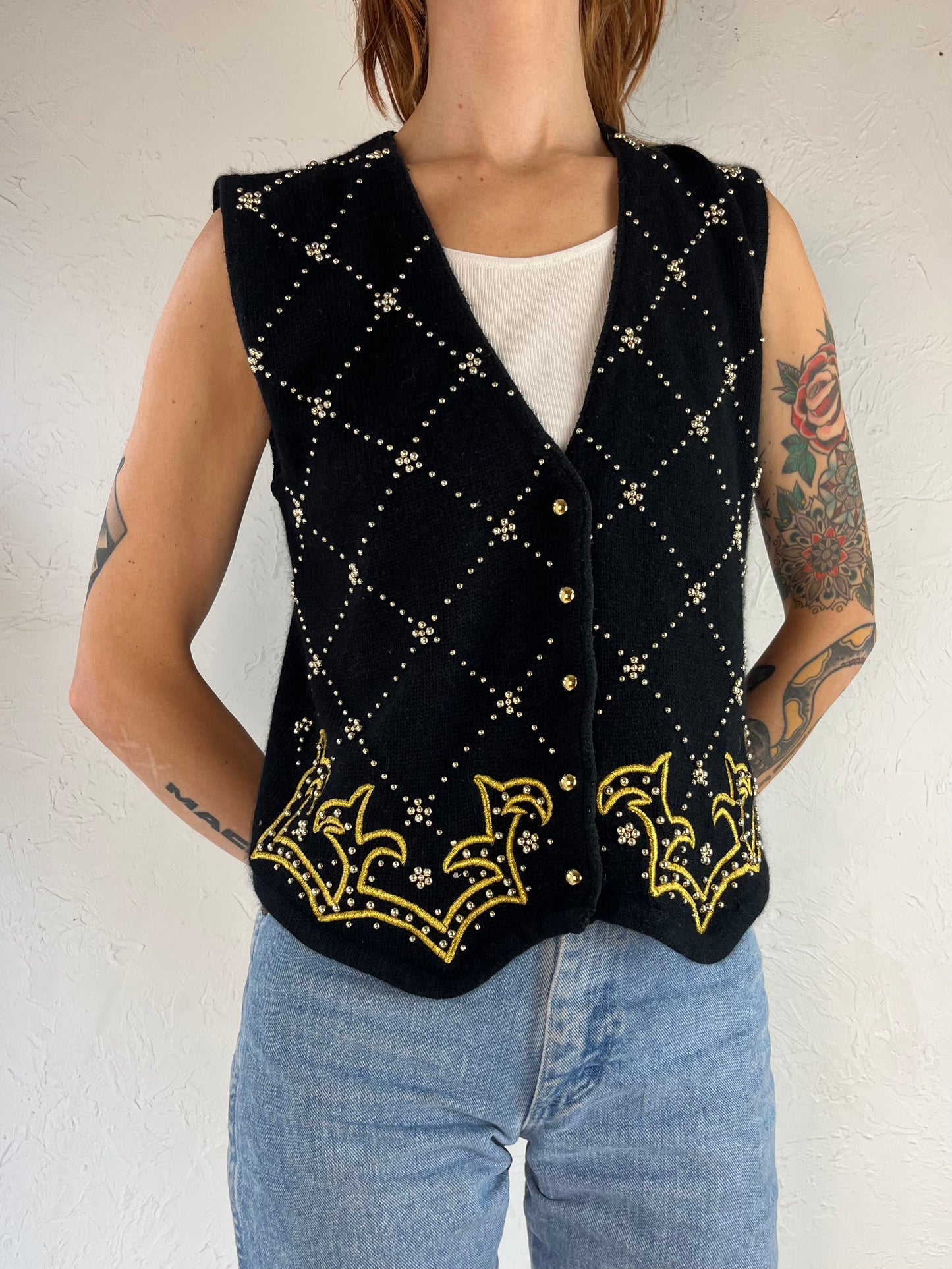 90s 'Karen Scott' Black Knit Studded Vest / Small