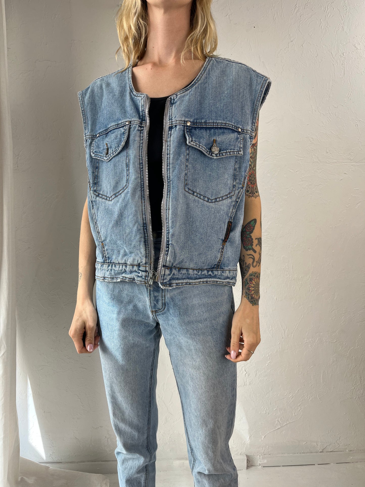 90s 'Harley Davidson' Zip Up Denim Vest / Small