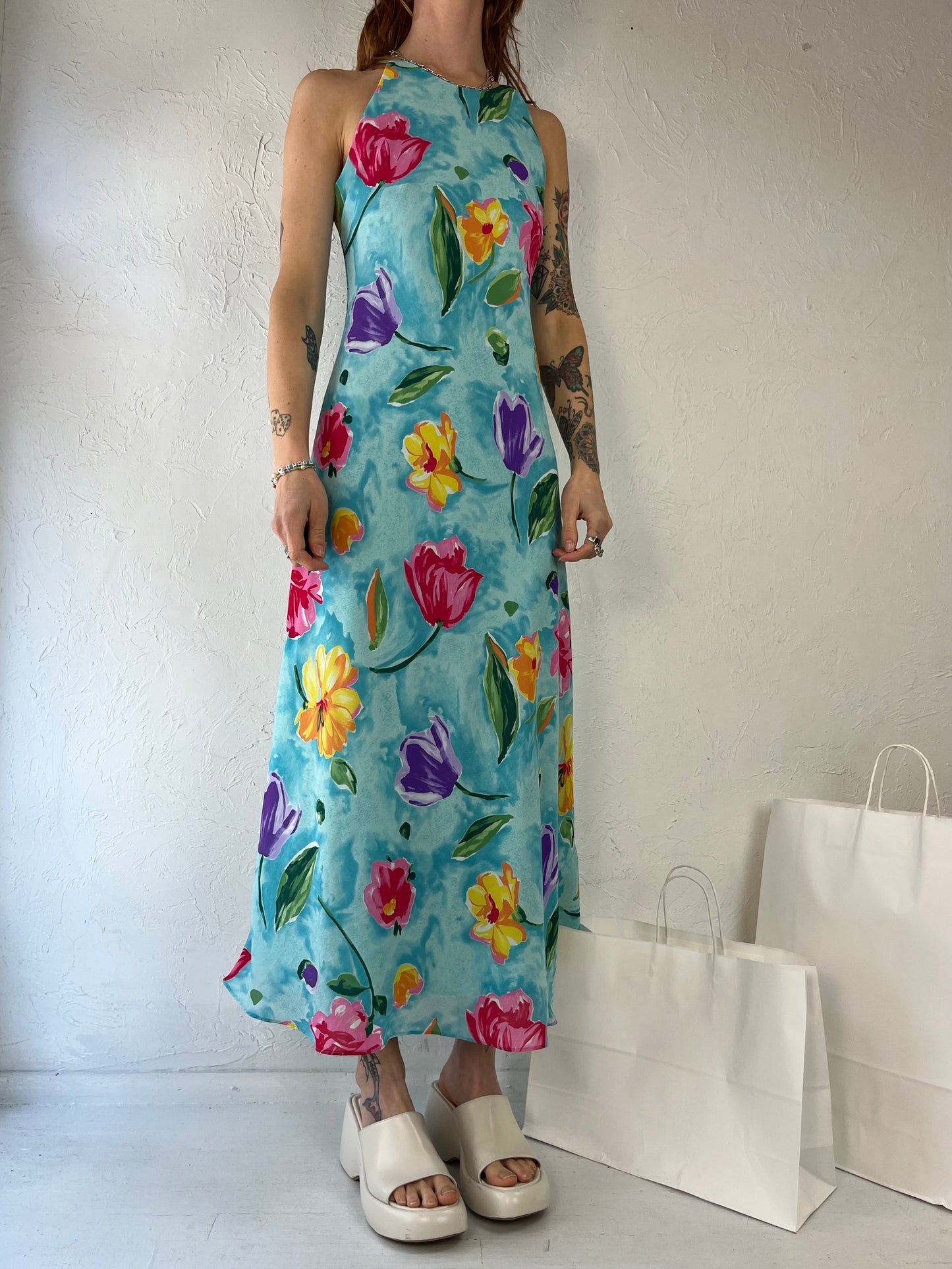 90s 'Hampton Nites' Blue Floral Print Maxi Dress / Small - Medium