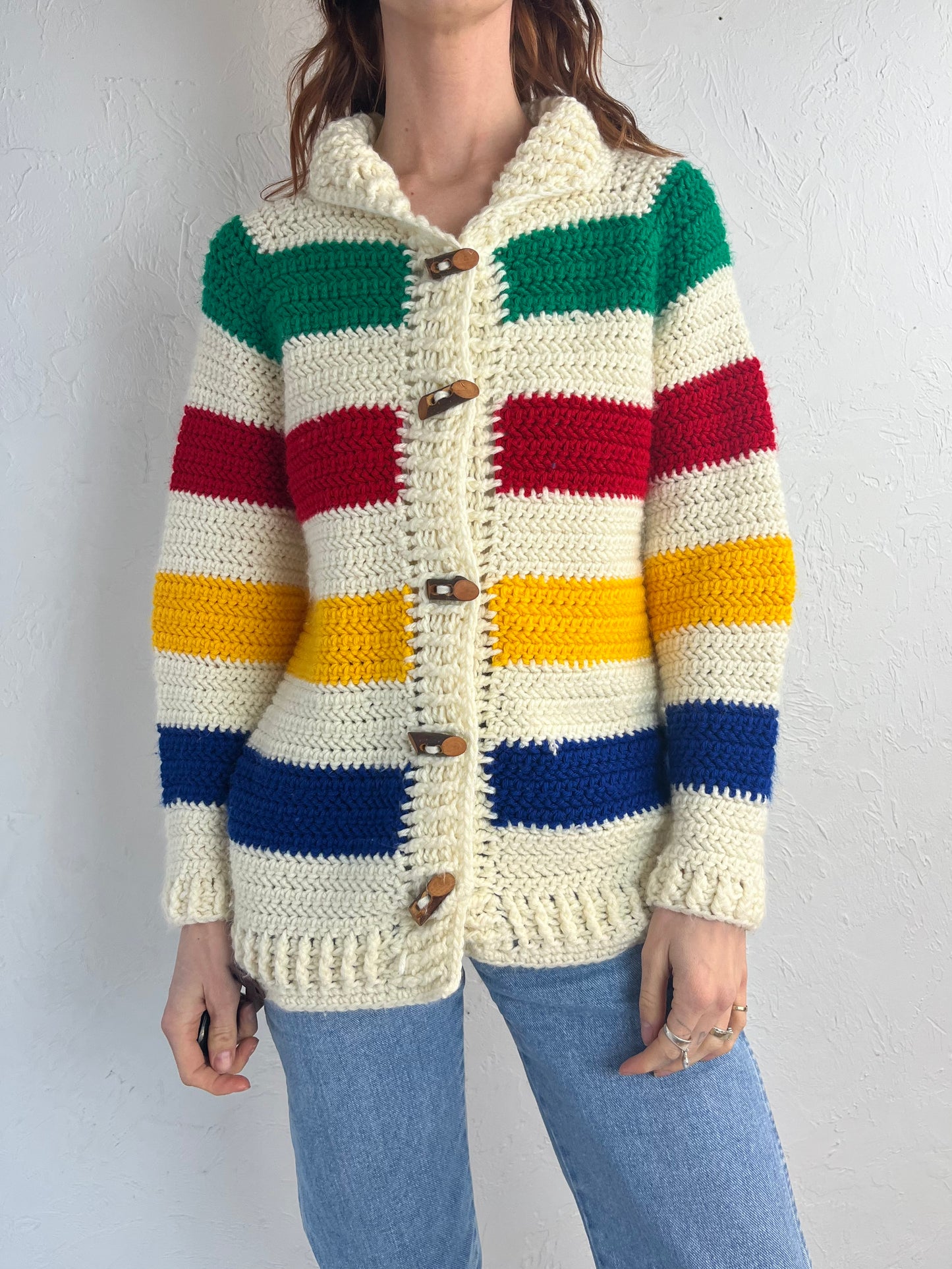 Vintage Hand Knit Striped Cardigan Sweater / Small